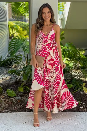 Pink And Cream Printed Wrap Dress