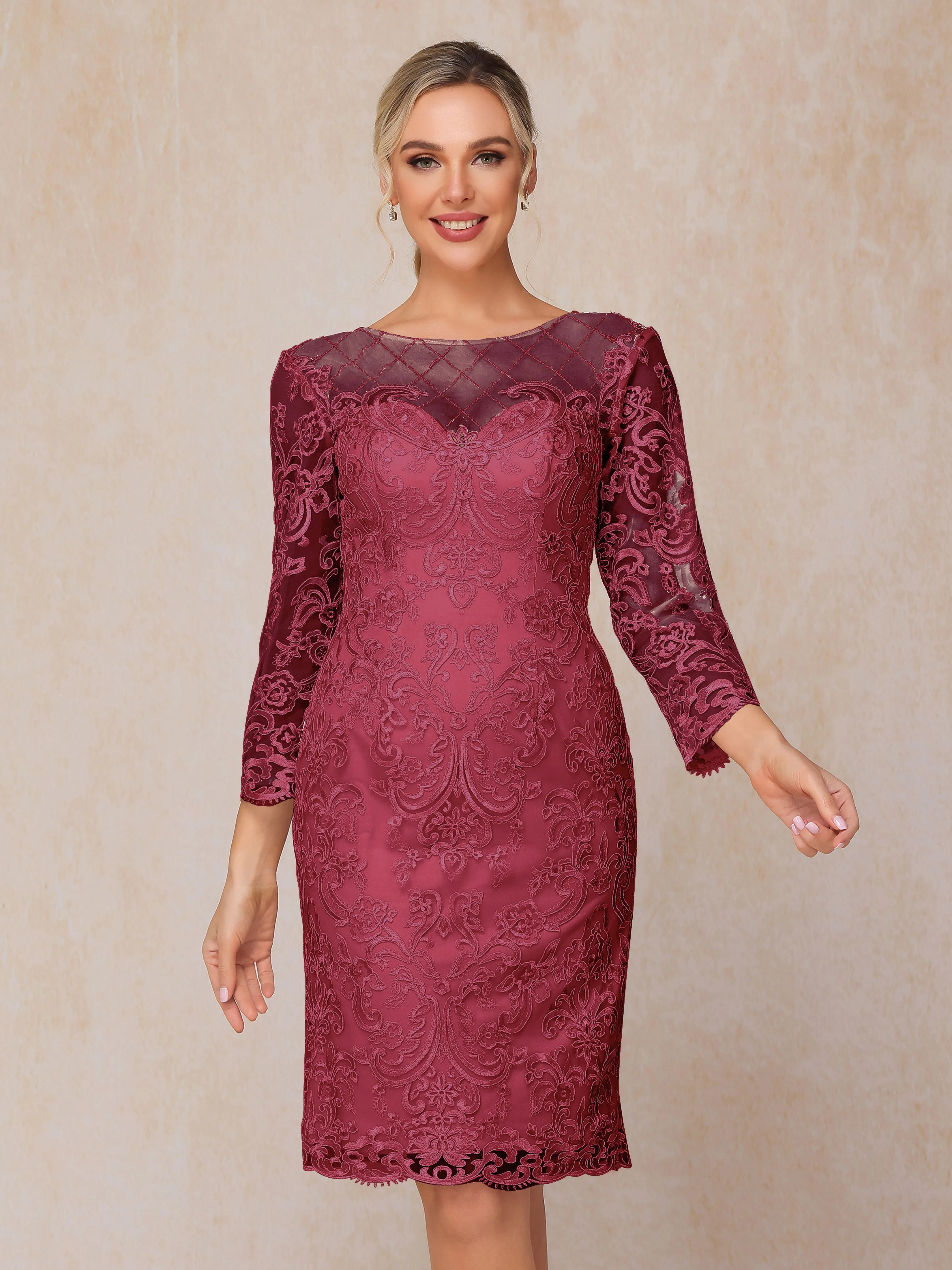 2 Pieces 3/4 Sleeves Knee-Length Chiffon Lace Mother Of The Bride Dress