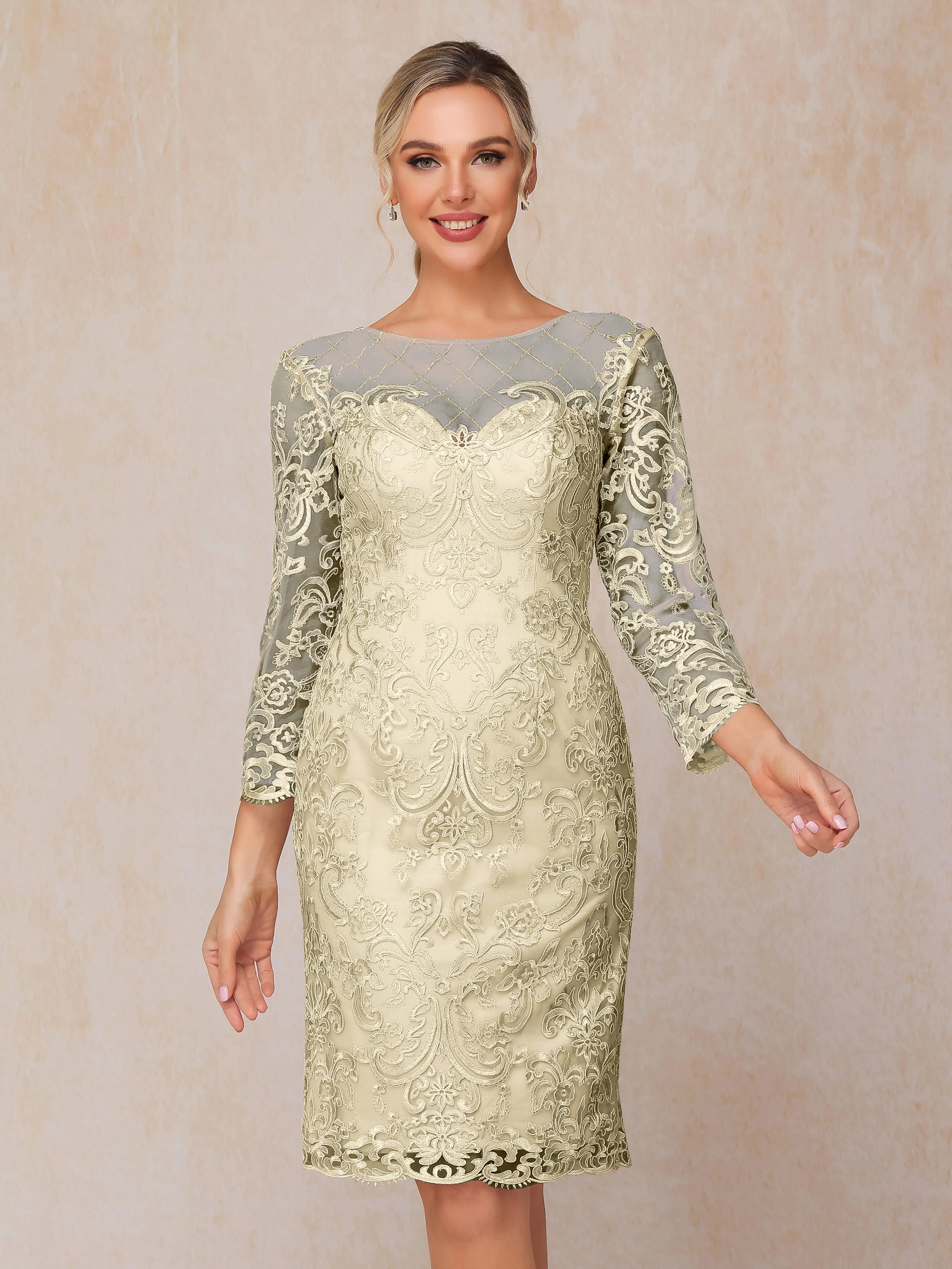 2 Pieces 3/4 Sleeves Knee-Length Chiffon Lace Mother Of The Bride Dress