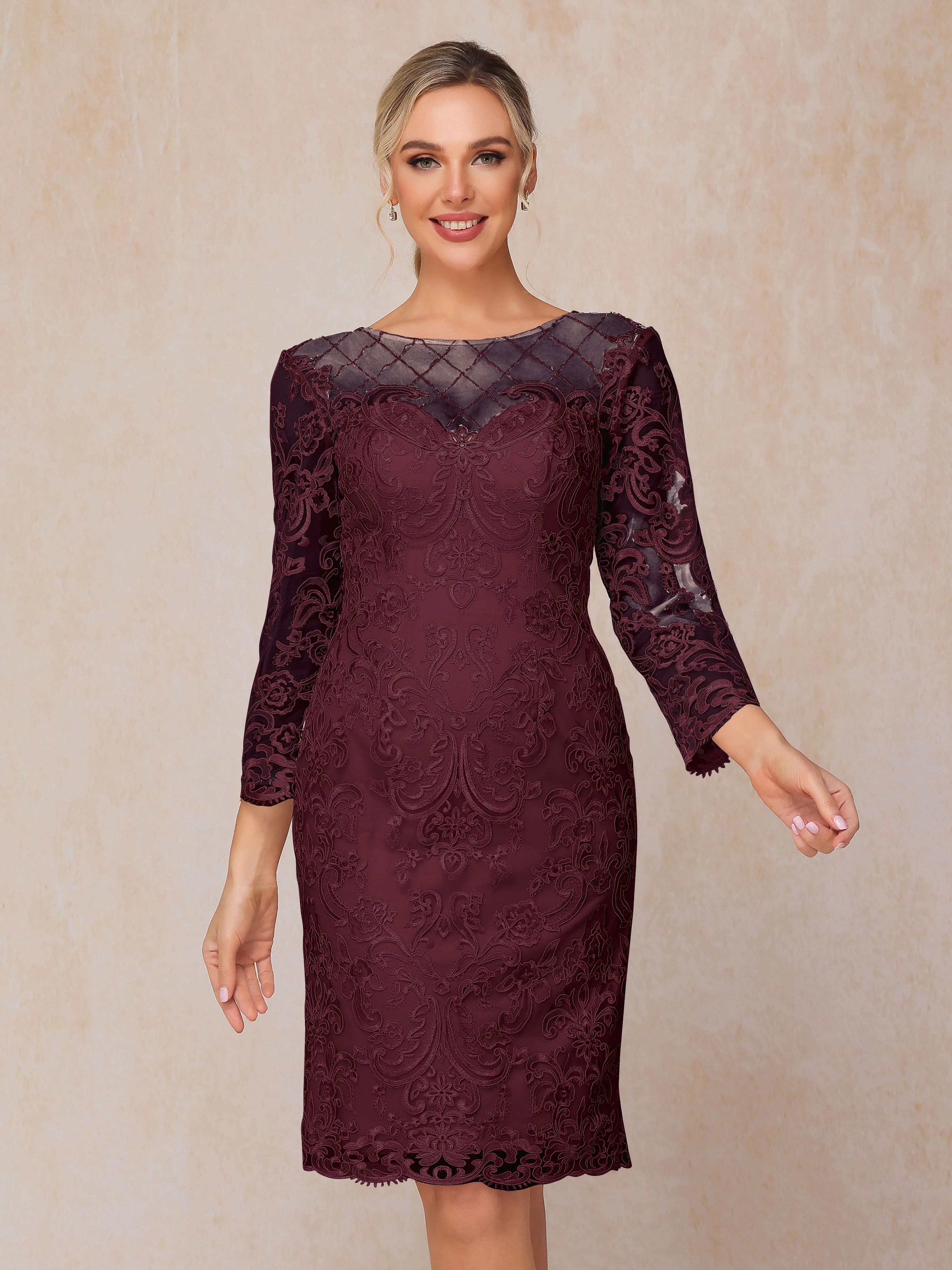 2 Pieces 3/4 Sleeves Knee-Length Chiffon Lace Mother Of The Bride Dress