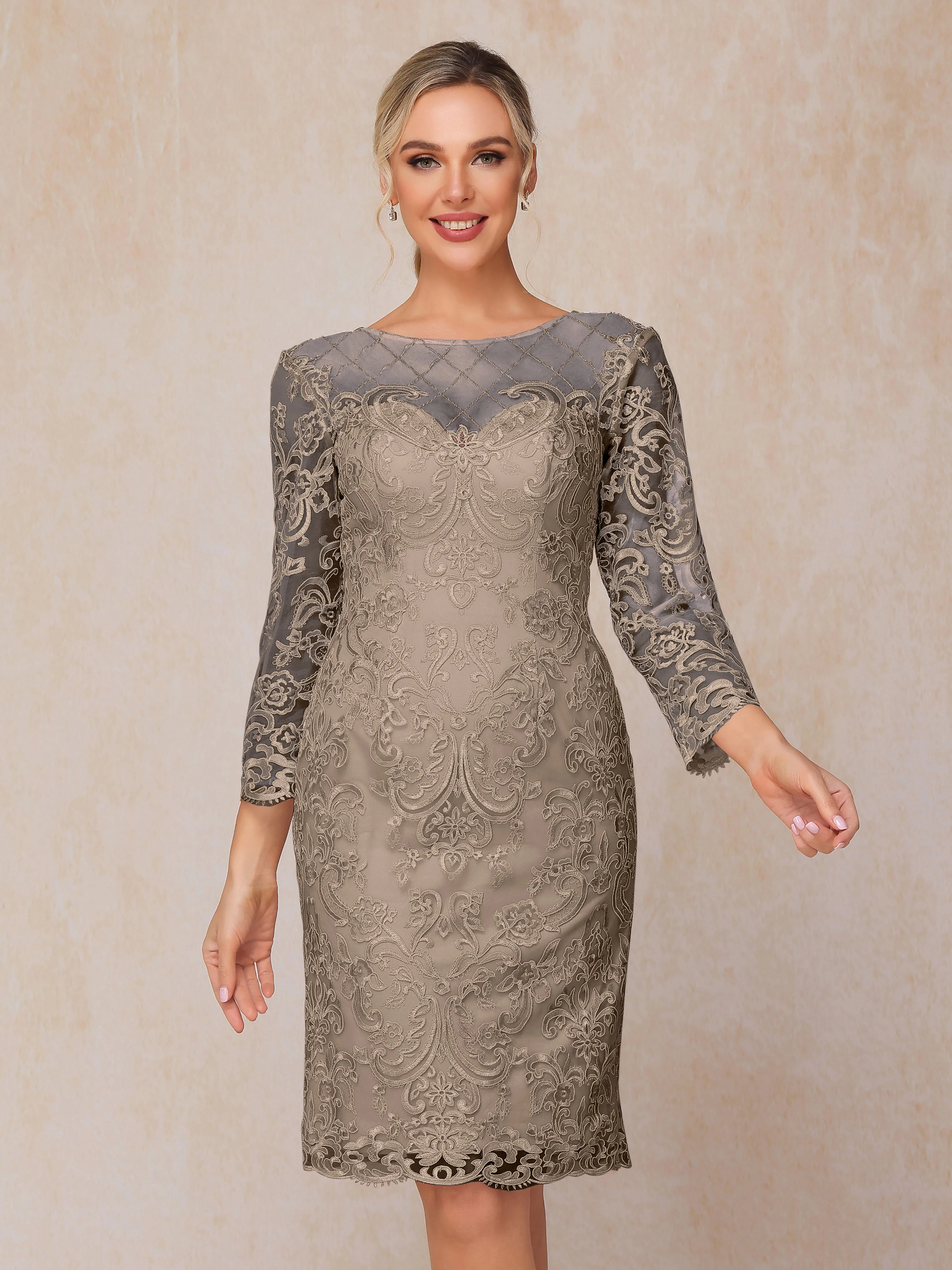 2 Pieces 3/4 Sleeves Knee-Length Chiffon Lace Mother Of The Bride Dress