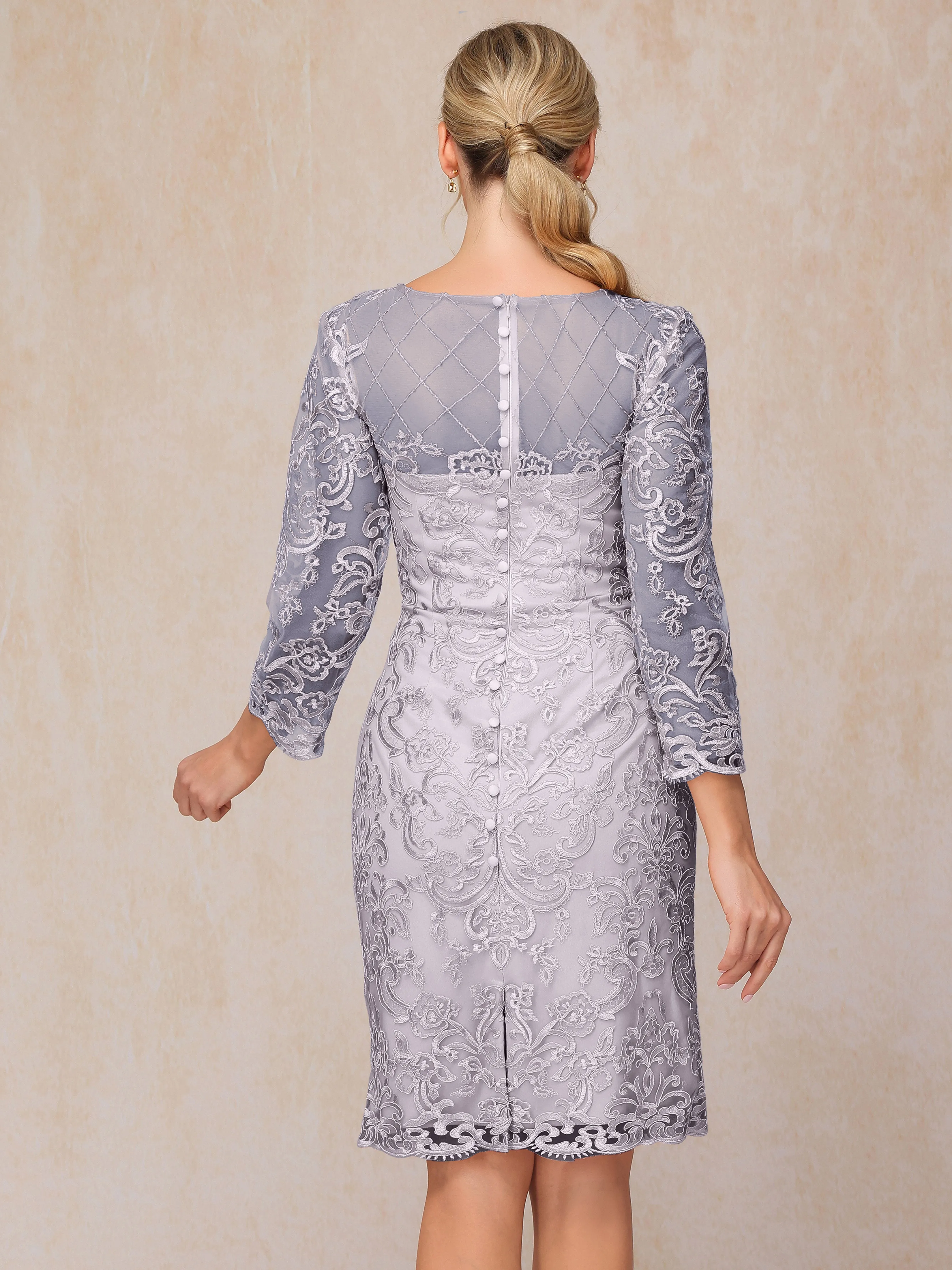 2 Pieces 3/4 Sleeves Knee-Length Chiffon Lace Mother Of The Bride Dress