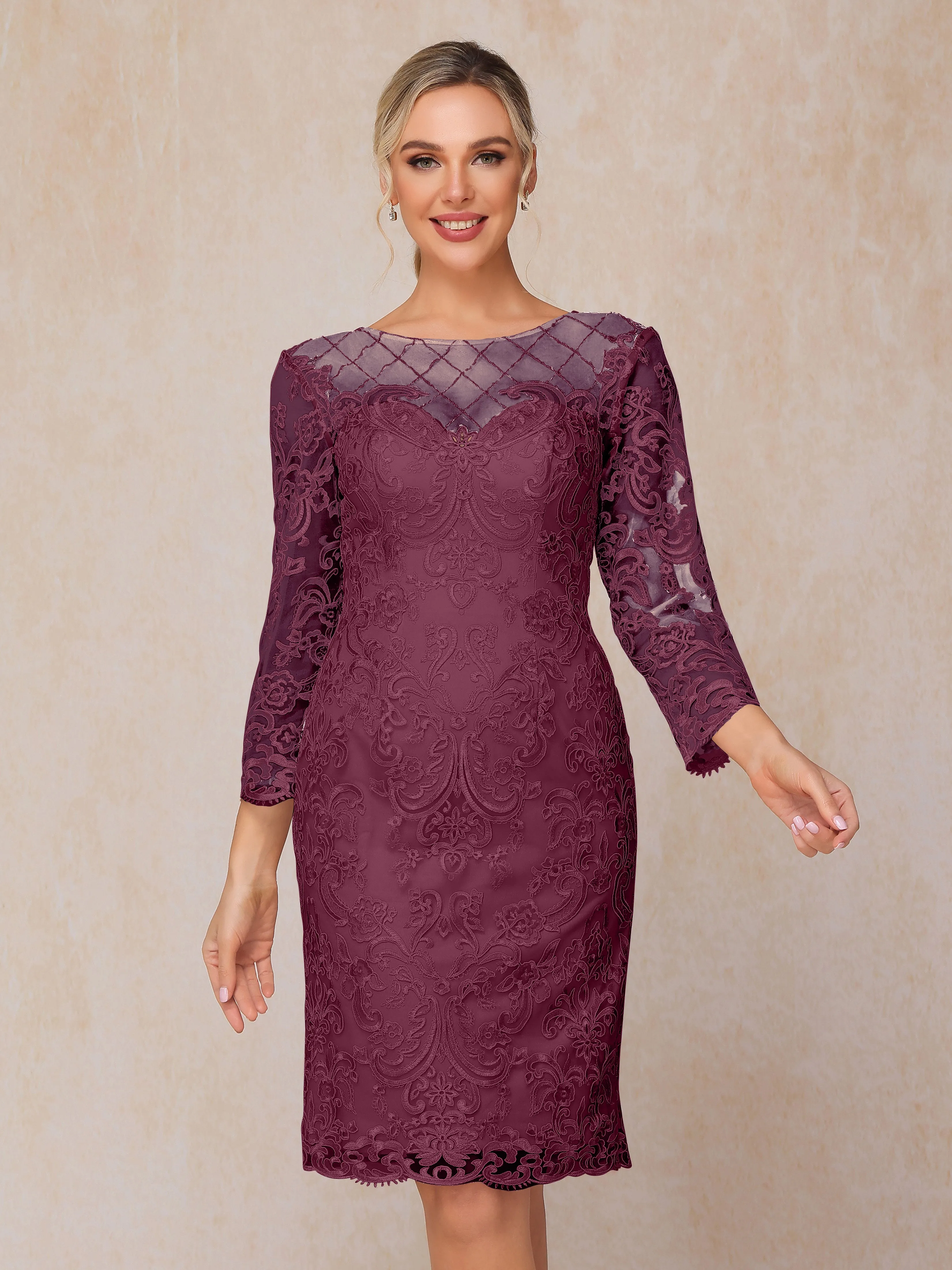 2 Pieces 3/4 Sleeves Knee-Length Chiffon Lace Mother Of The Bride Dress