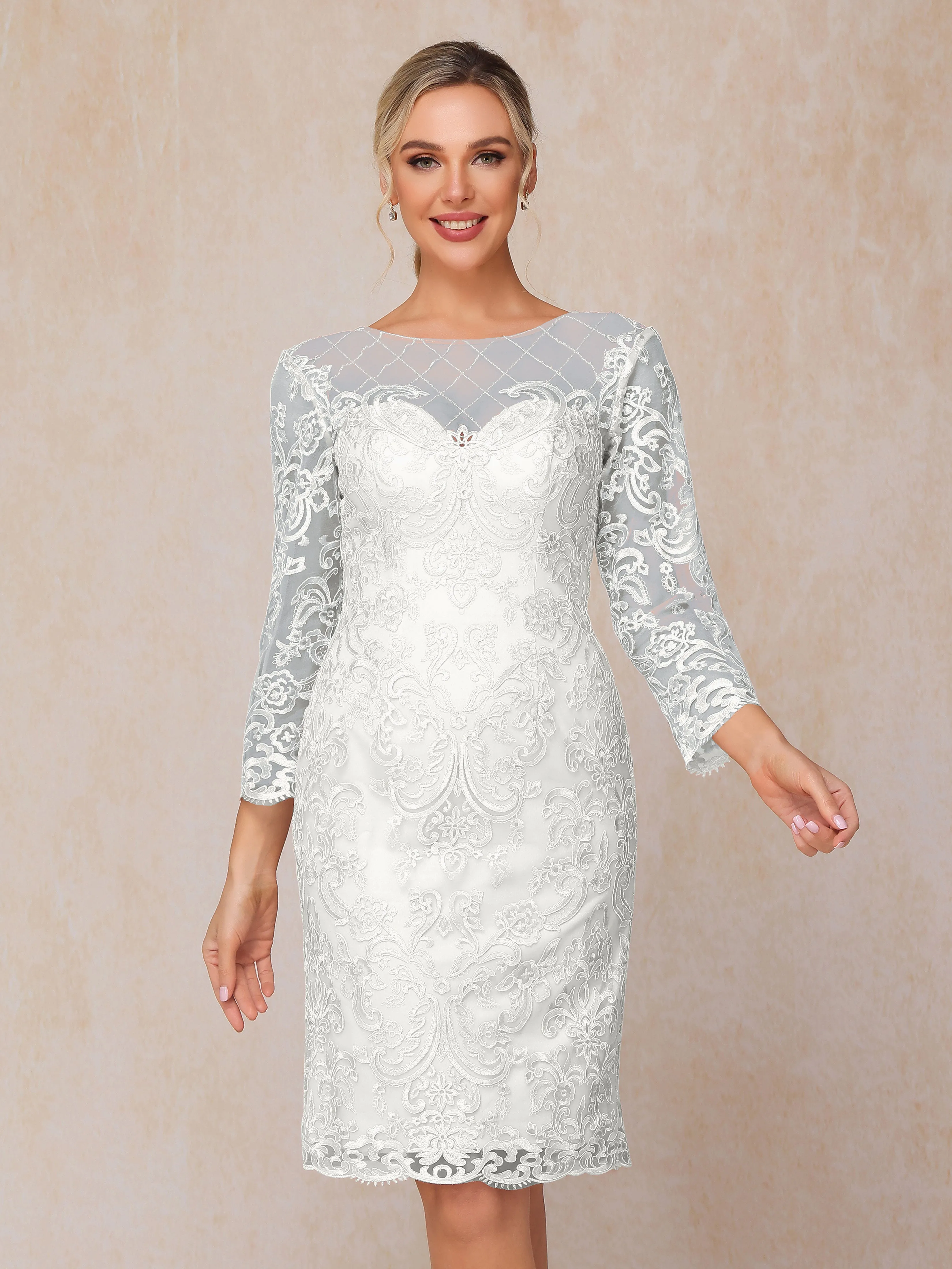 2 Pieces 3/4 Sleeves Knee-Length Chiffon Lace Mother Of The Bride Dress