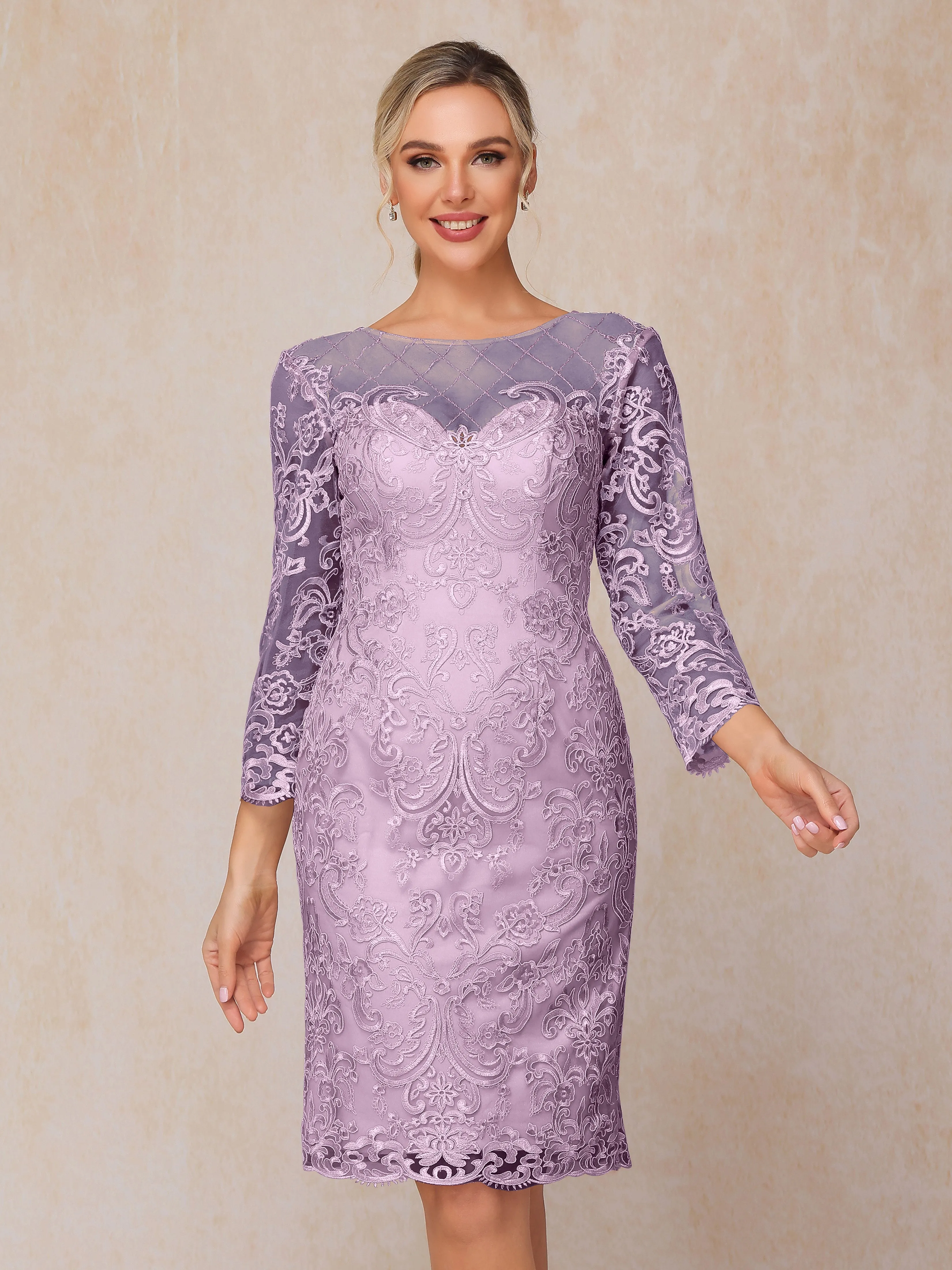 2 Pieces 3/4 Sleeves Knee-Length Chiffon Lace Mother Of The Bride Dress