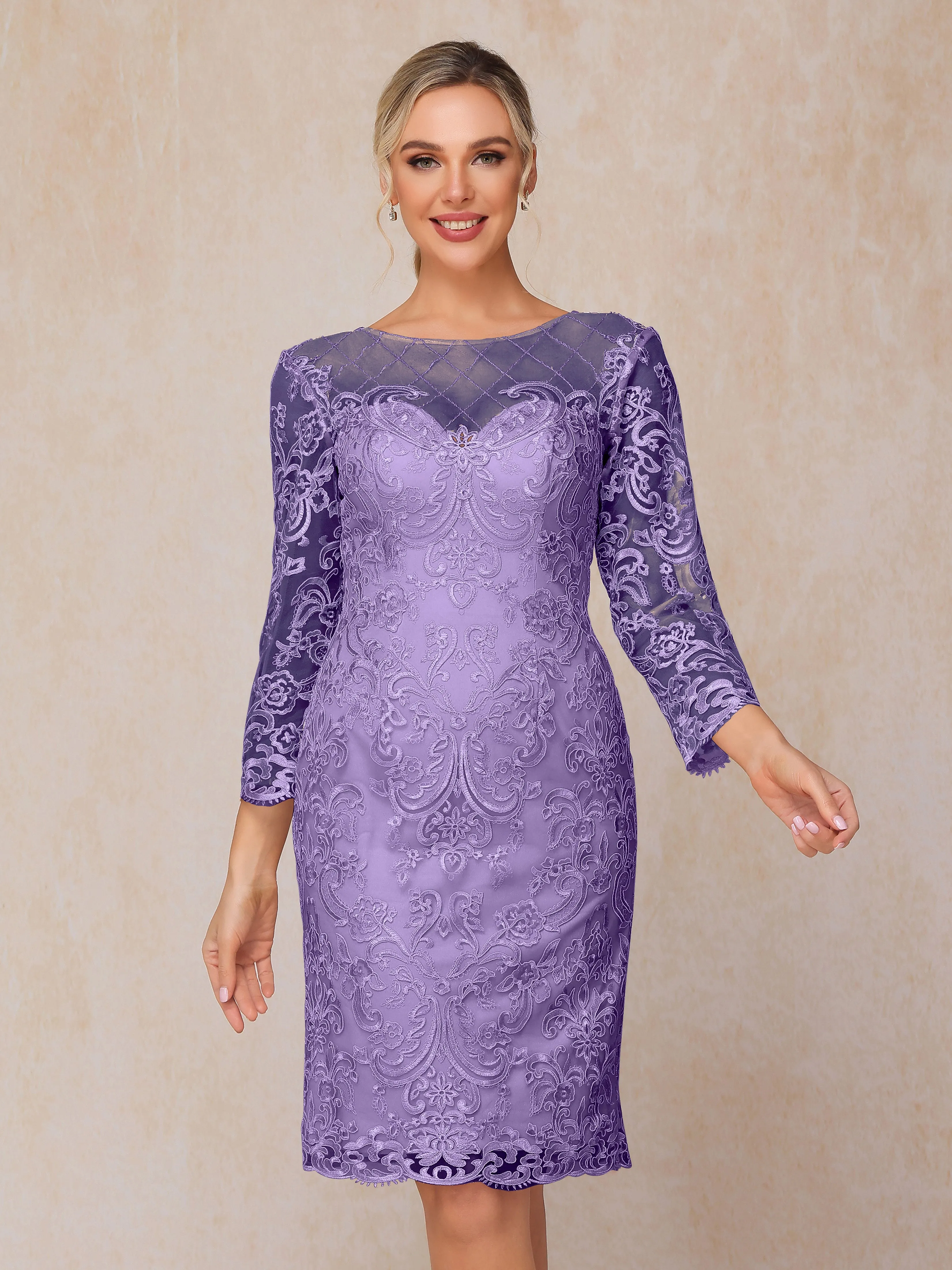 2 Pieces 3/4 Sleeves Knee-Length Chiffon Lace Mother Of The Bride Dress