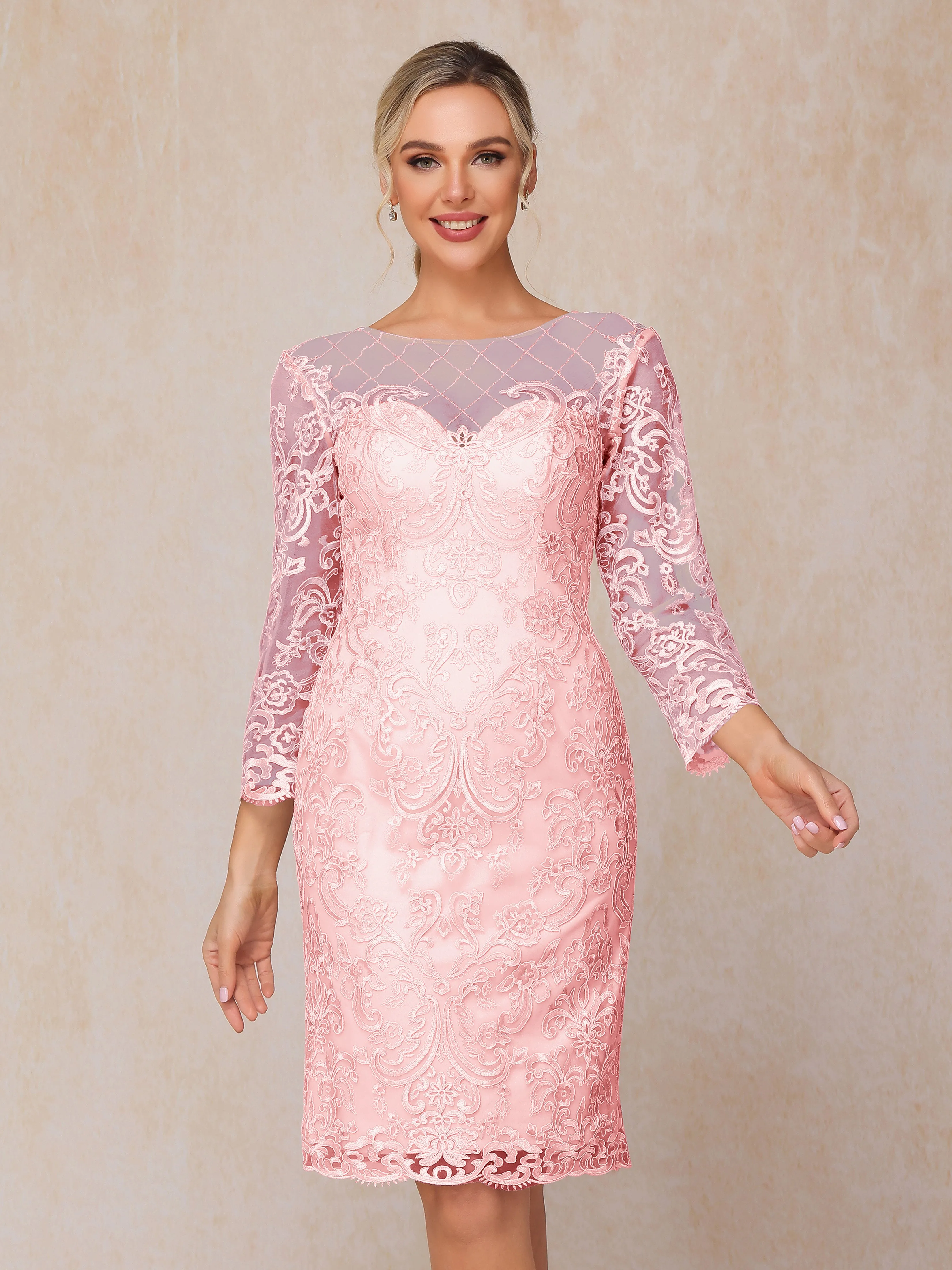 2 Pieces 3/4 Sleeves Knee-Length Chiffon Lace Mother Of The Bride Dress