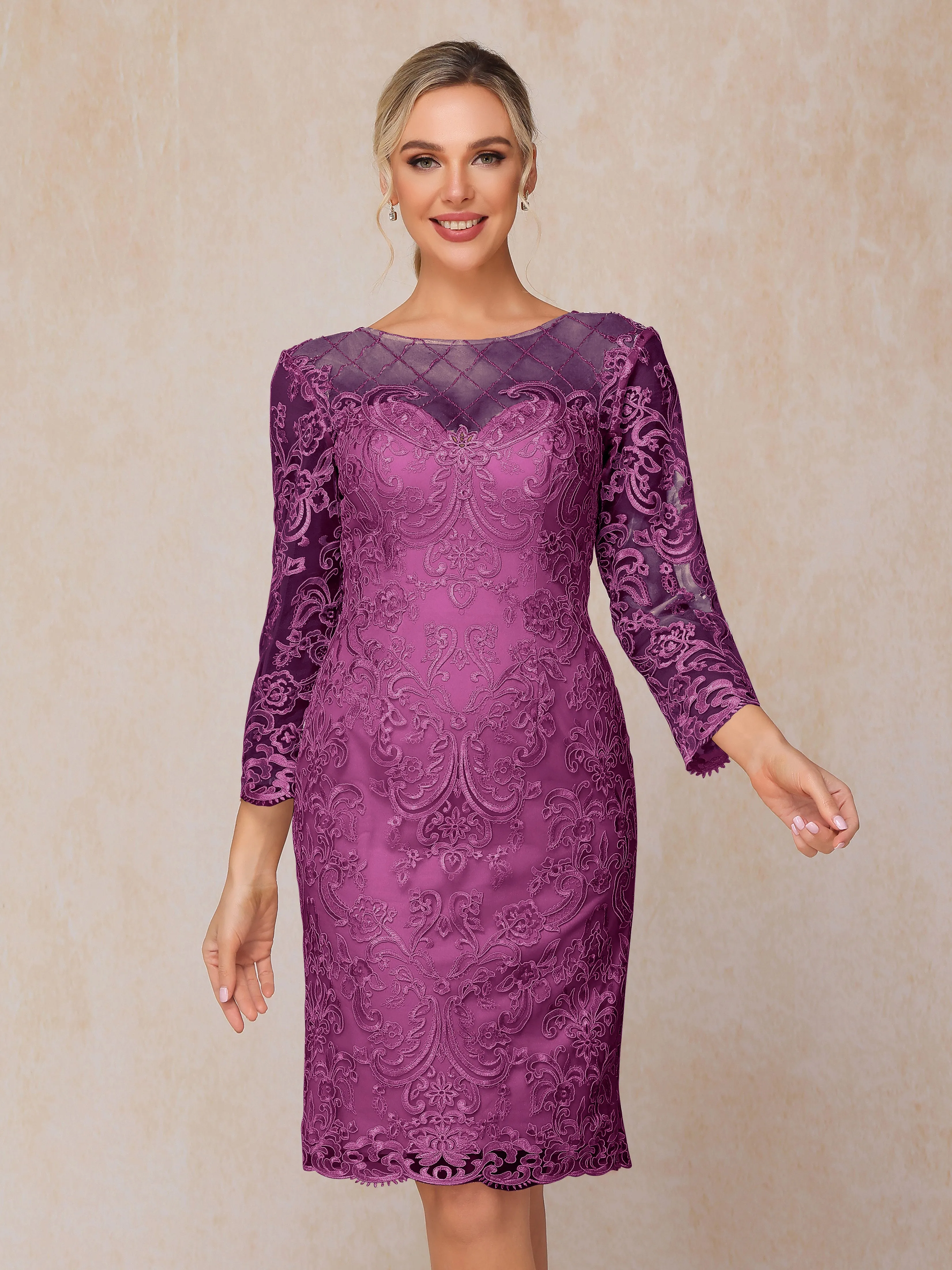 2 Pieces 3/4 Sleeves Knee-Length Chiffon Lace Mother Of The Bride Dress