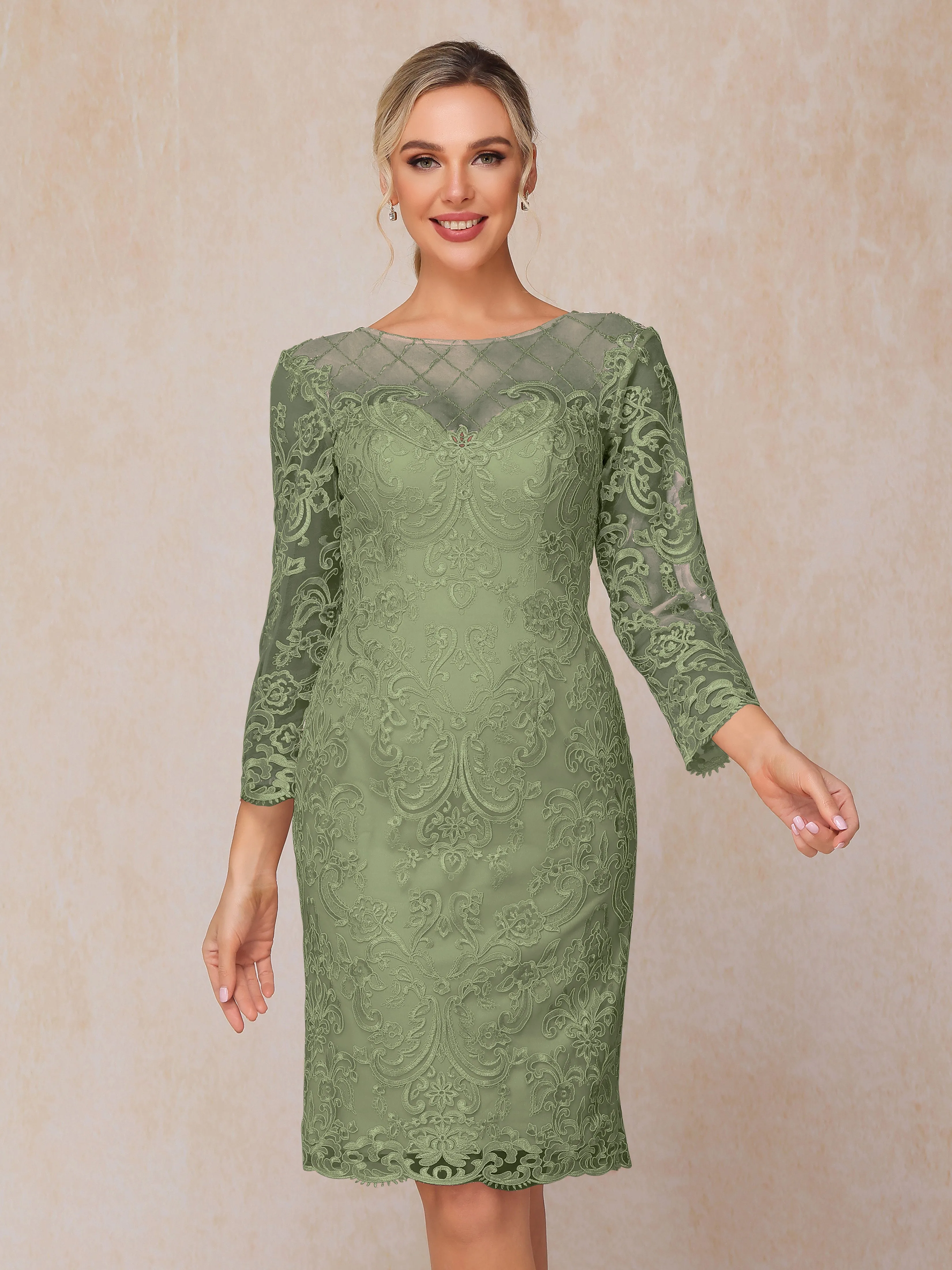 2 Pieces 3/4 Sleeves Knee-Length Chiffon Lace Mother Of The Bride Dress