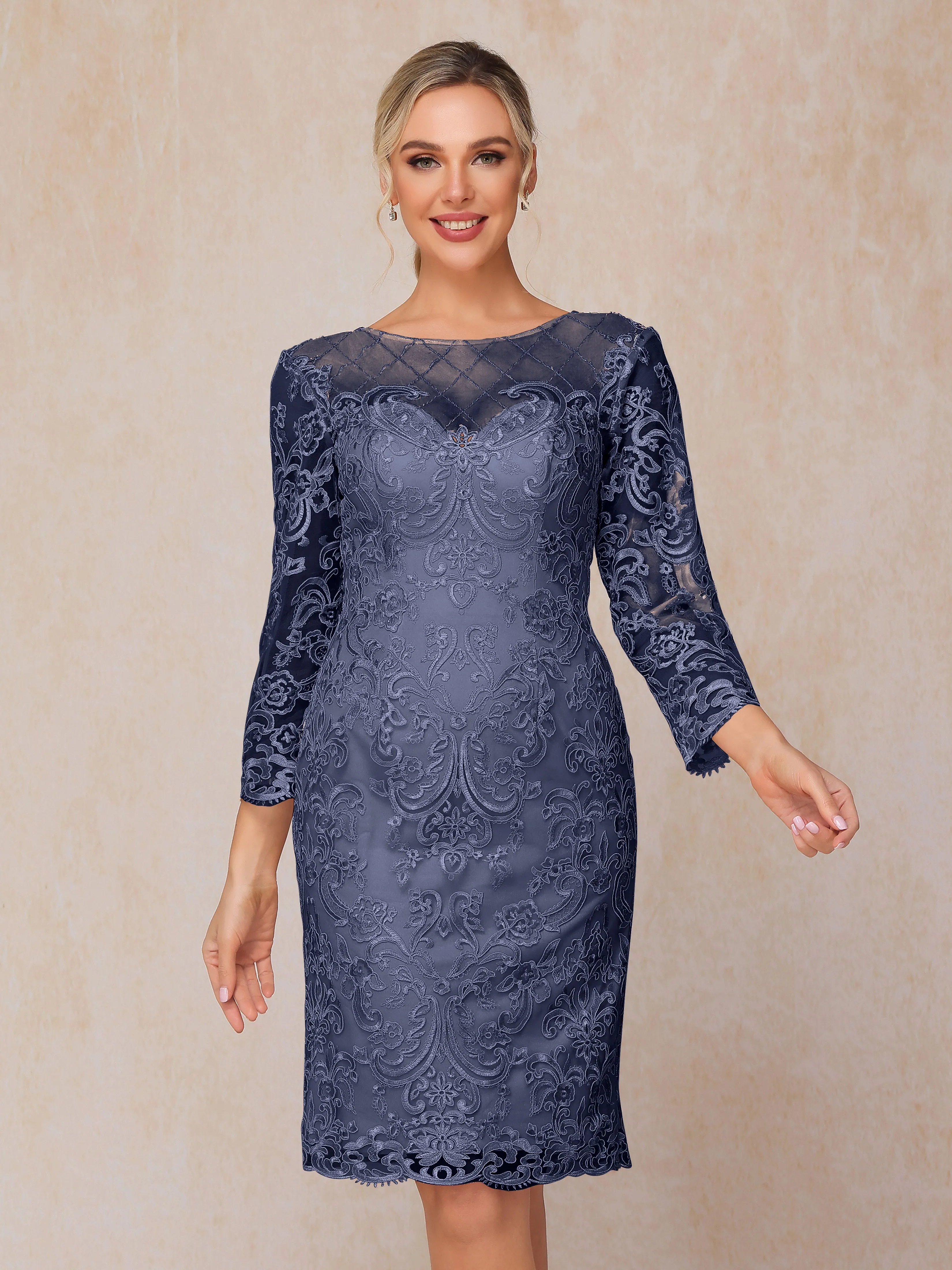 2 Pieces 3/4 Sleeves Knee-Length Chiffon Lace Mother Of The Bride Dress