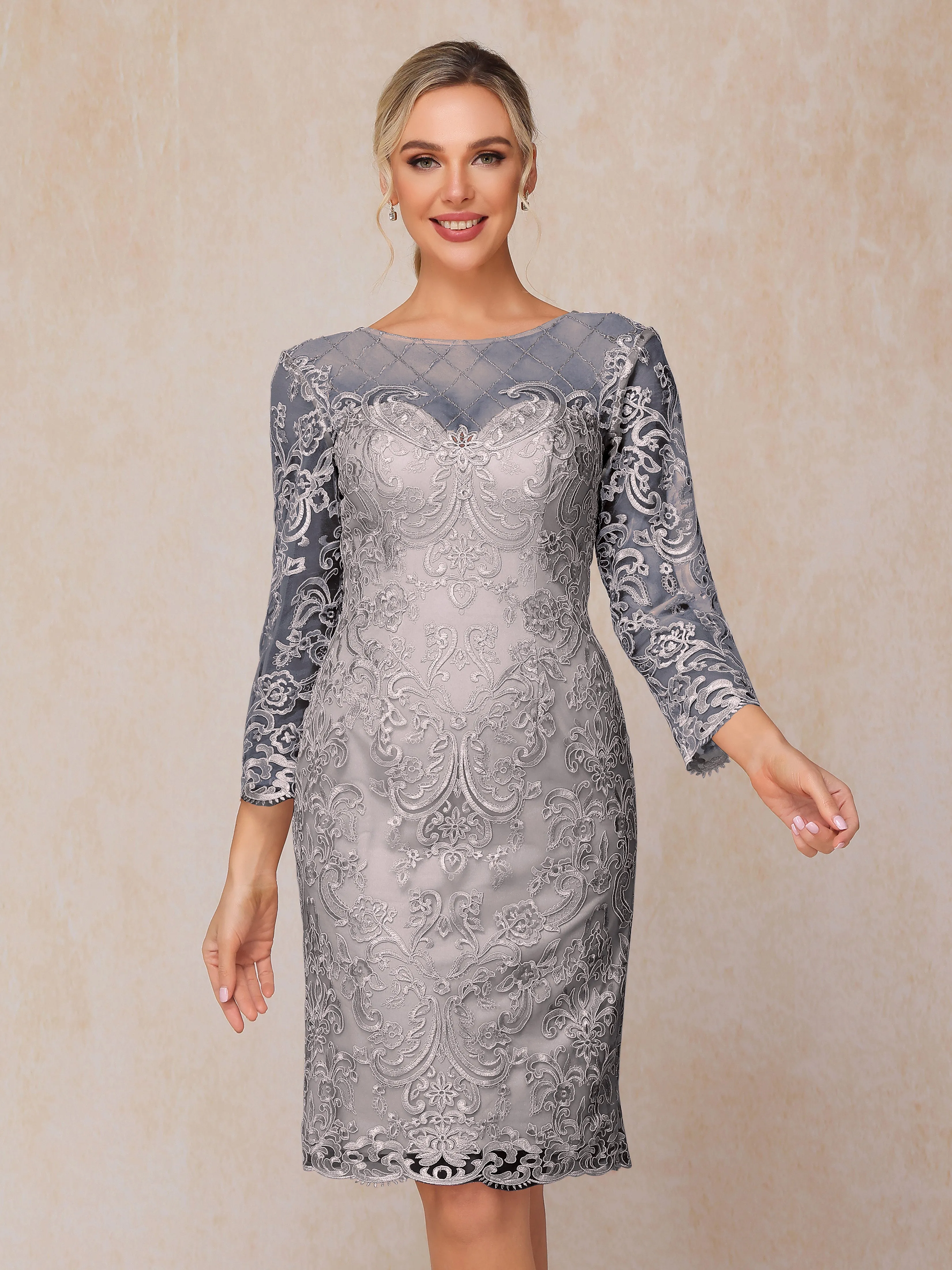 2 Pieces 3/4 Sleeves Knee-Length Chiffon Lace Mother Of The Bride Dress