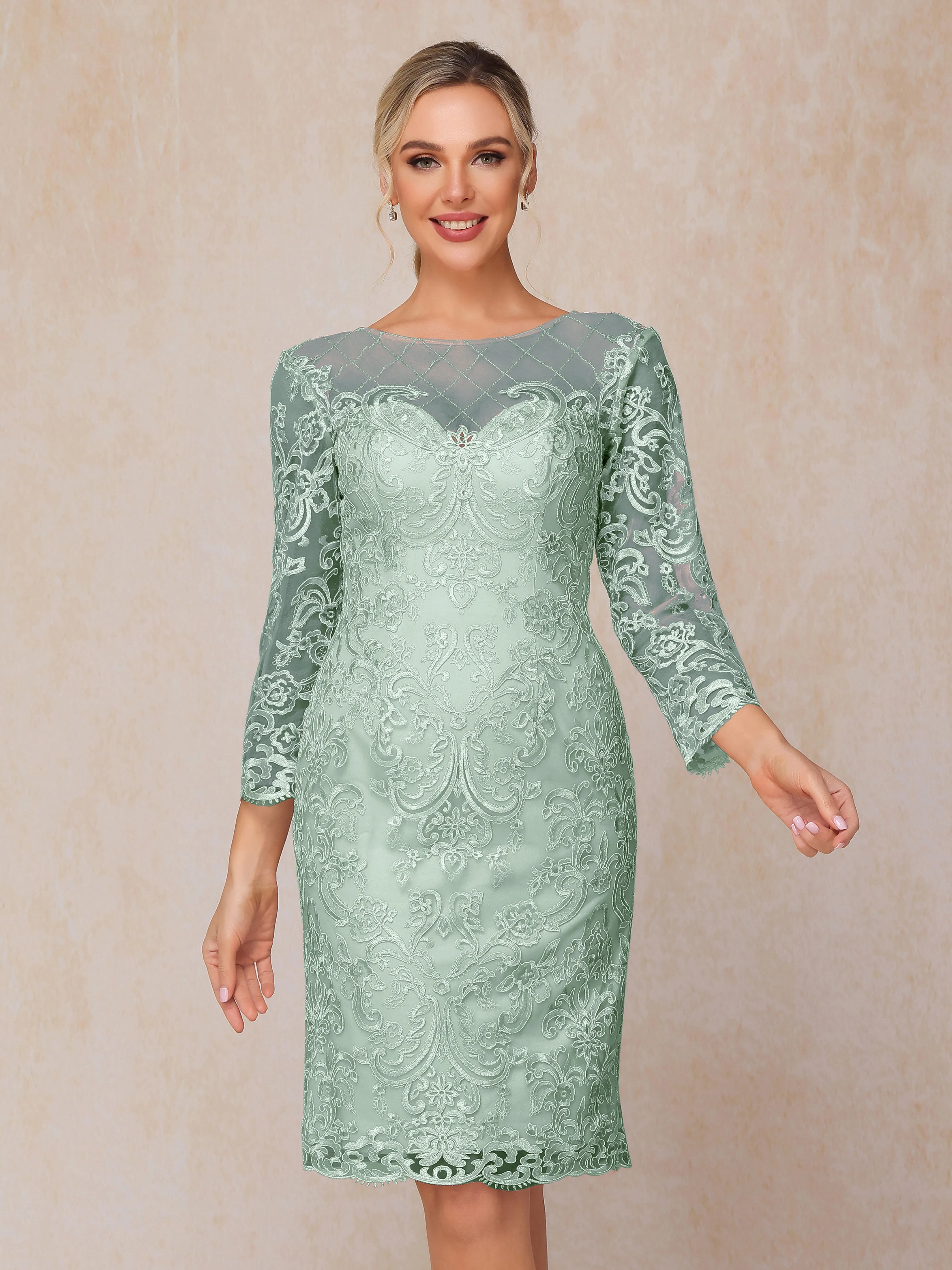 2 Pieces 3/4 Sleeves Knee-Length Chiffon Lace Mother Of The Bride Dress