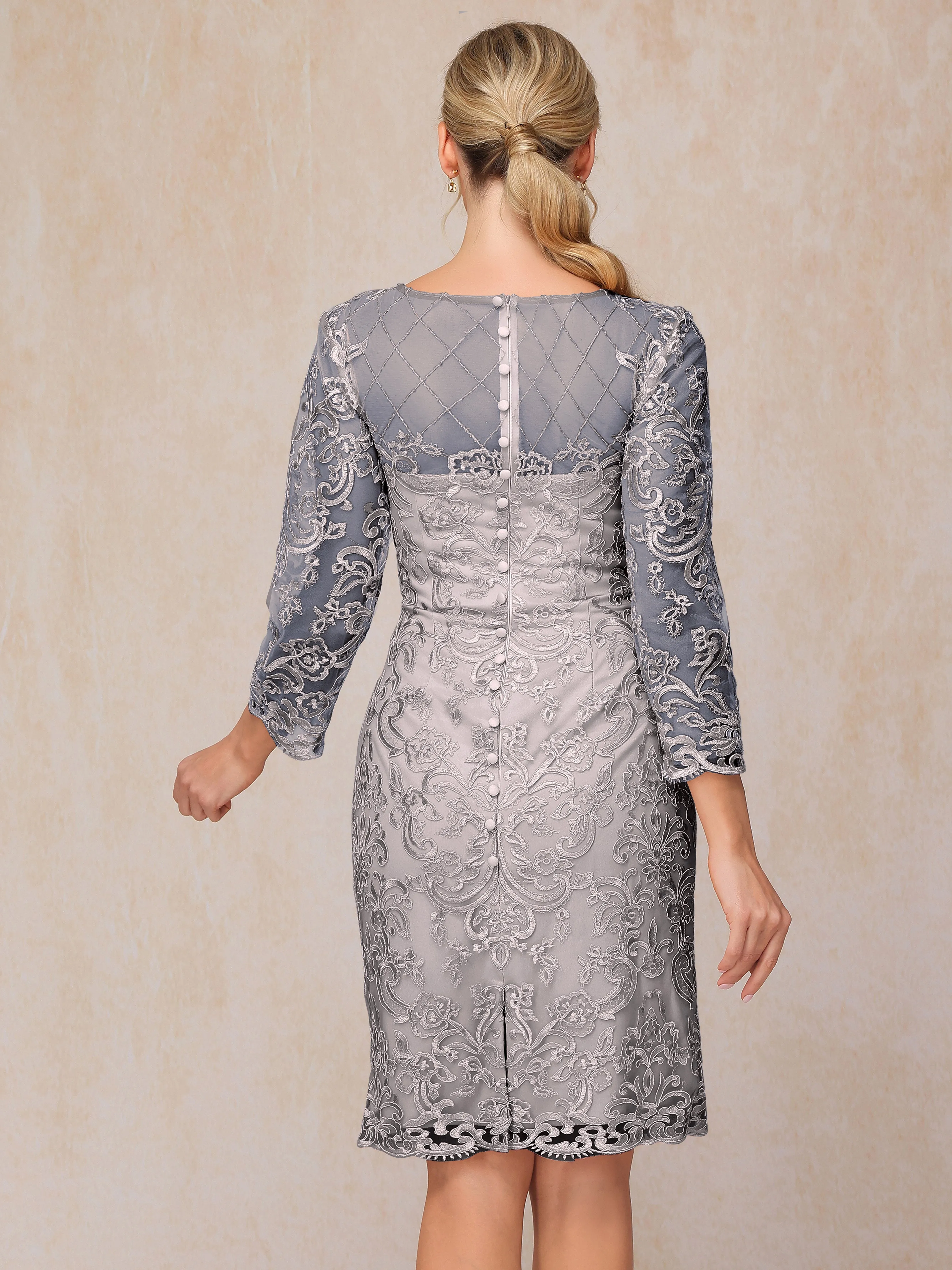 2 Pieces 3/4 Sleeves Knee-Length Chiffon Lace Mother Of The Bride Dress