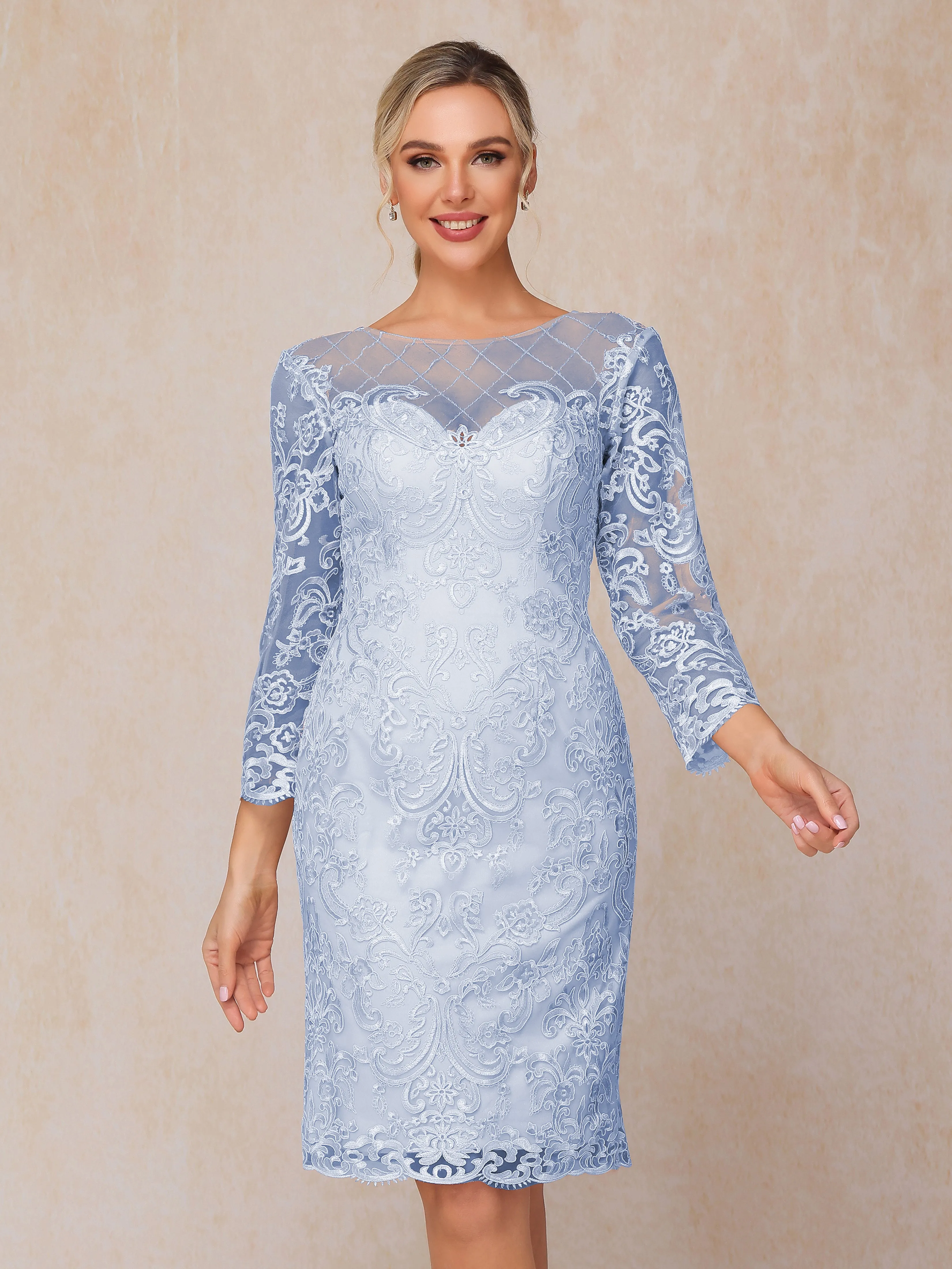 2 Pieces 3/4 Sleeves Knee-Length Chiffon Lace Mother Of The Bride Dress