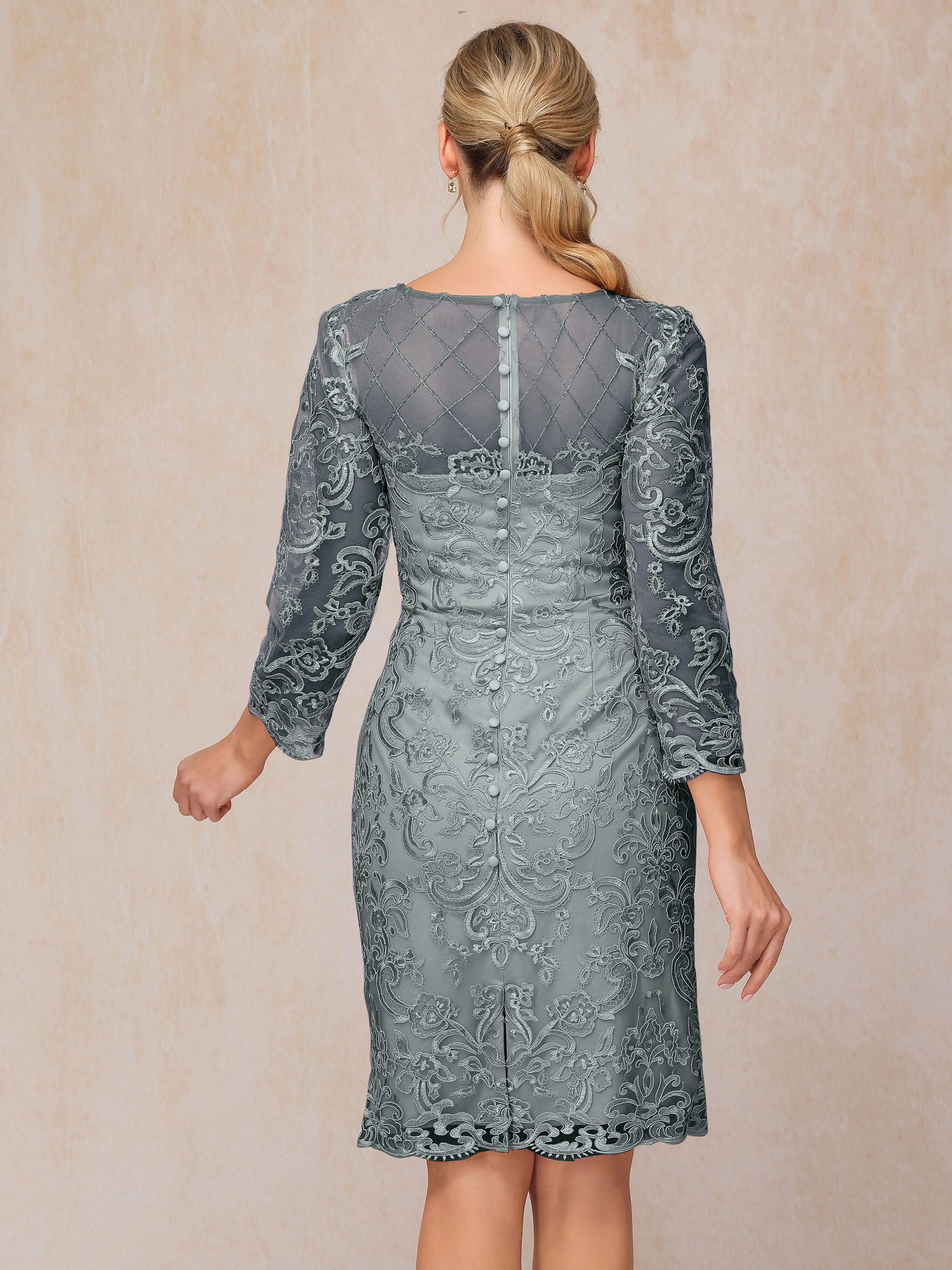 2 Pieces 3/4 Sleeves Knee-Length Chiffon Lace Mother Of The Bride Dress