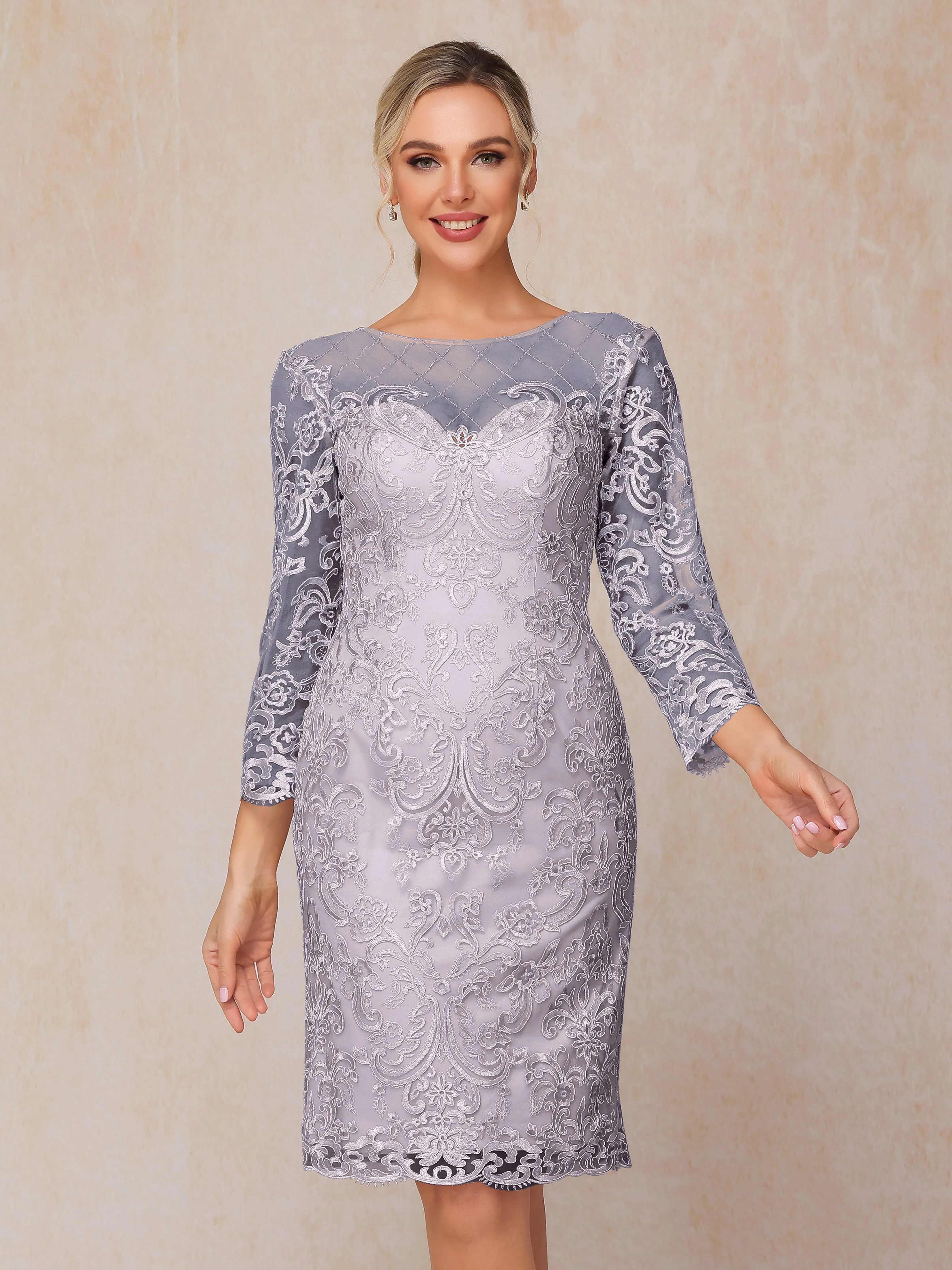 2 Pieces 3/4 Sleeves Knee-Length Chiffon Lace Mother Of The Bride Dress