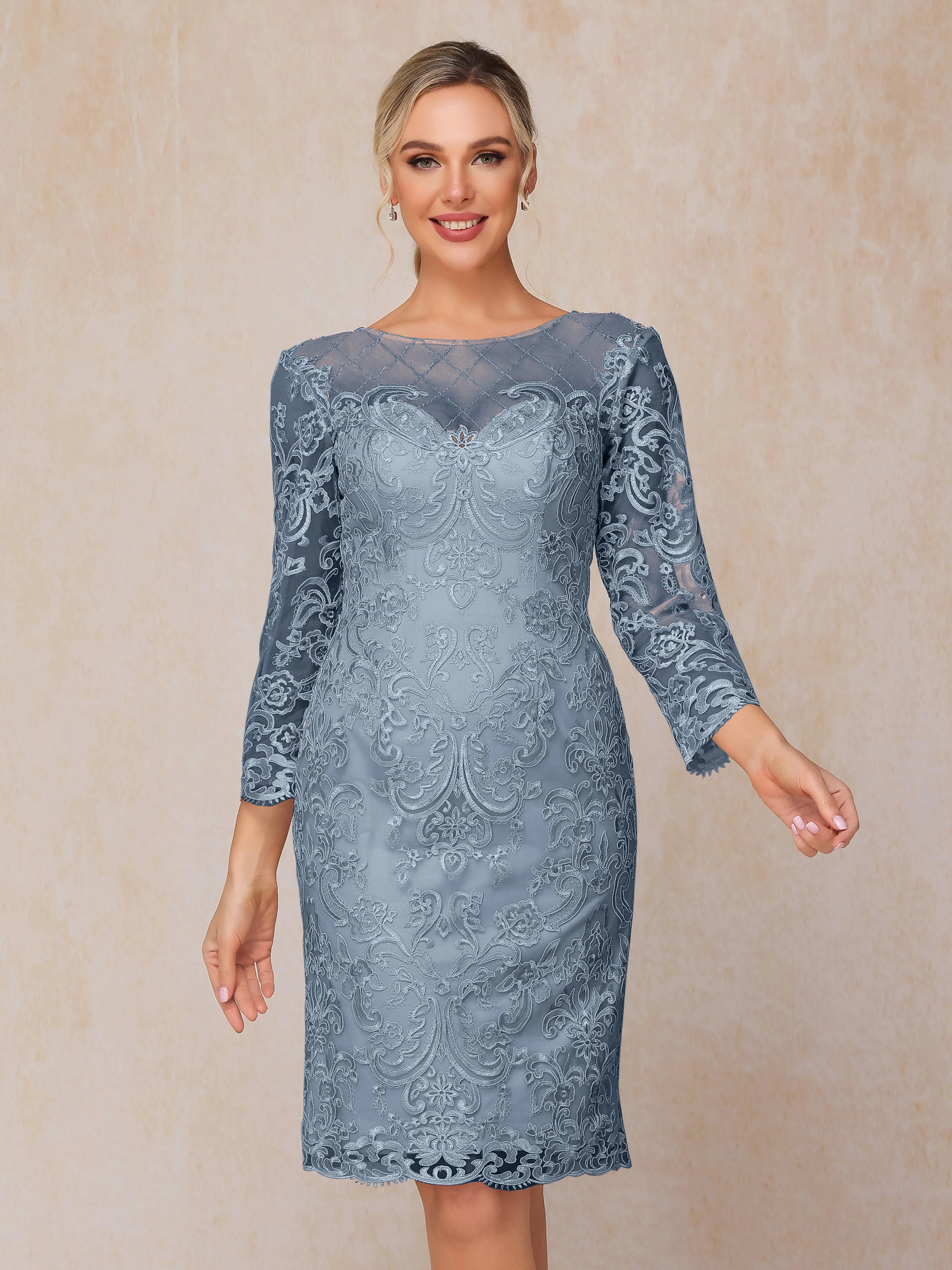 2 Pieces 3/4 Sleeves Knee-Length Chiffon Lace Mother Of The Bride Dress