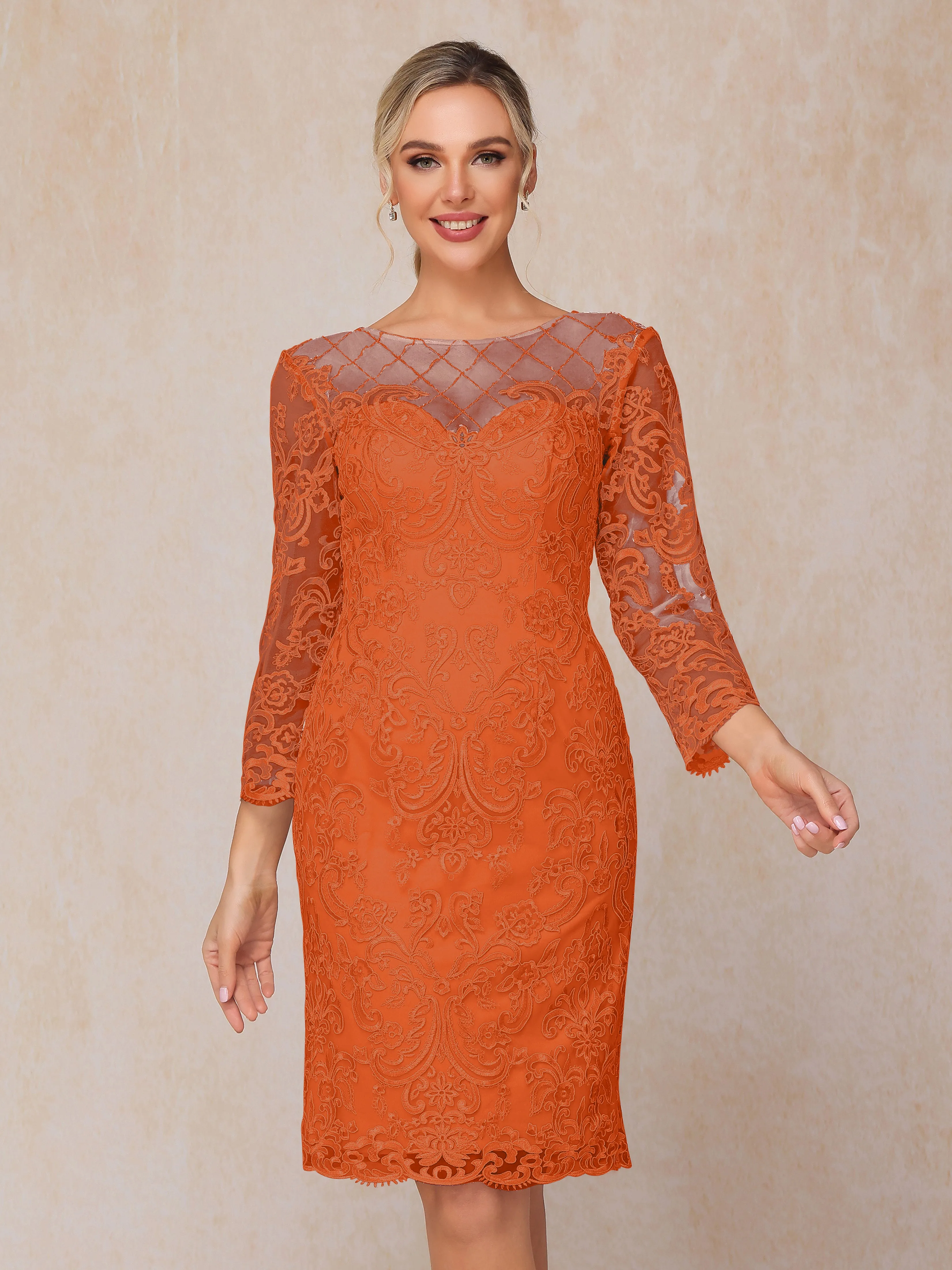 2 Pieces 3/4 Sleeves Knee-Length Chiffon Lace Mother Of The Bride Dress