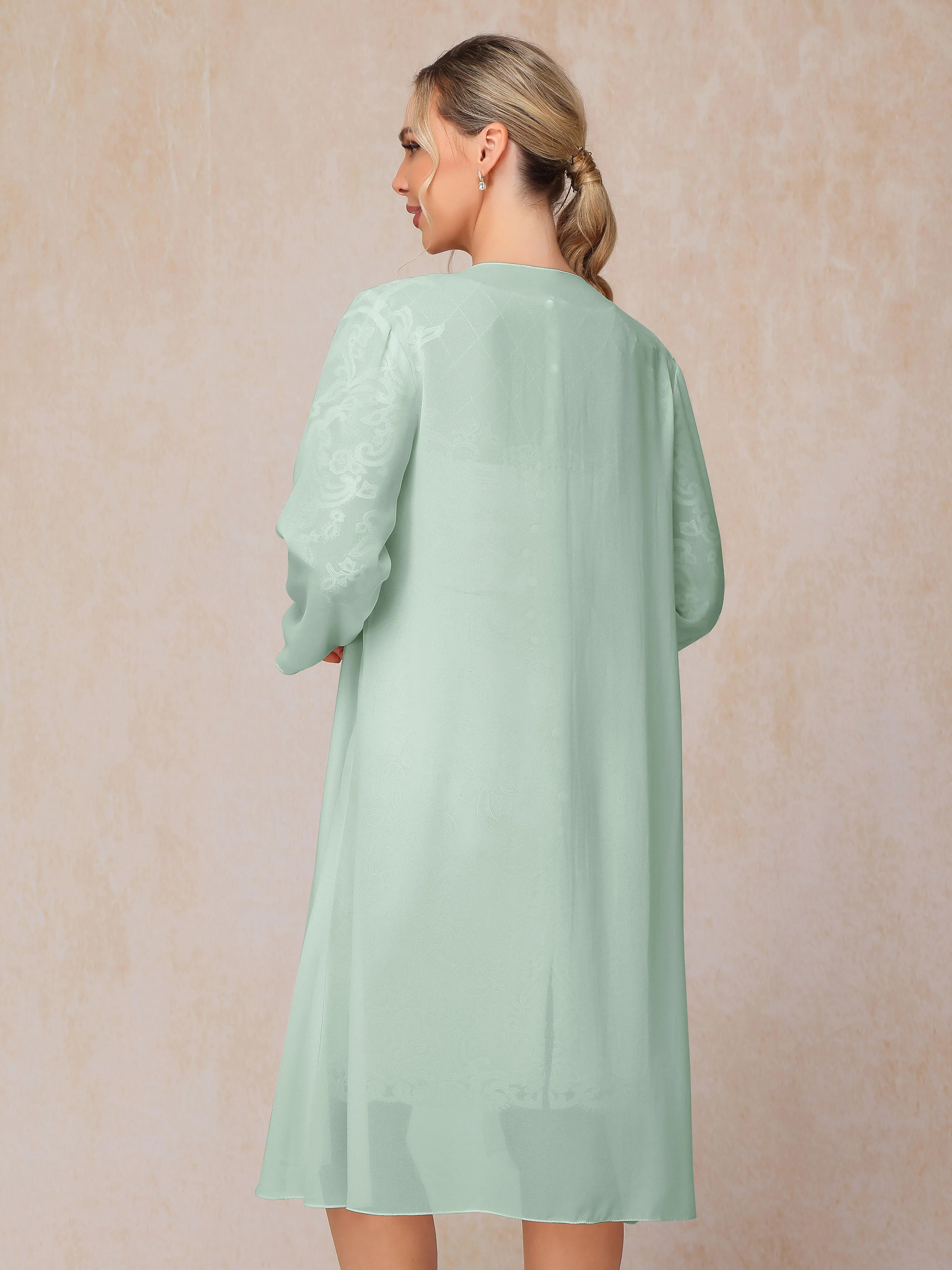 2 Pieces 3/4 Sleeves Knee-Length Chiffon Lace Mother Of The Bride Dress