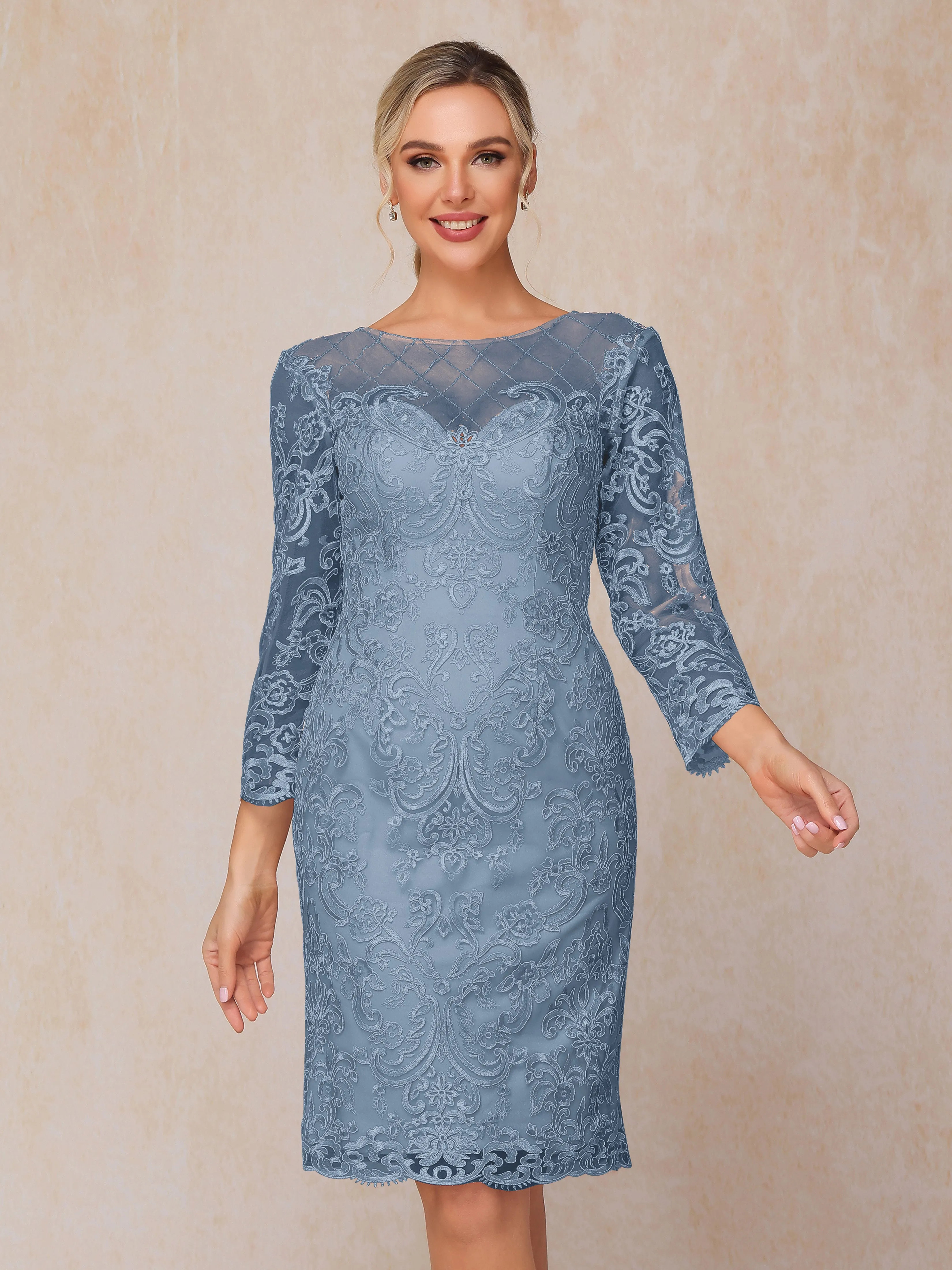 2 Pieces 3/4 Sleeves Knee-Length Chiffon Lace Mother Of The Bride Dress