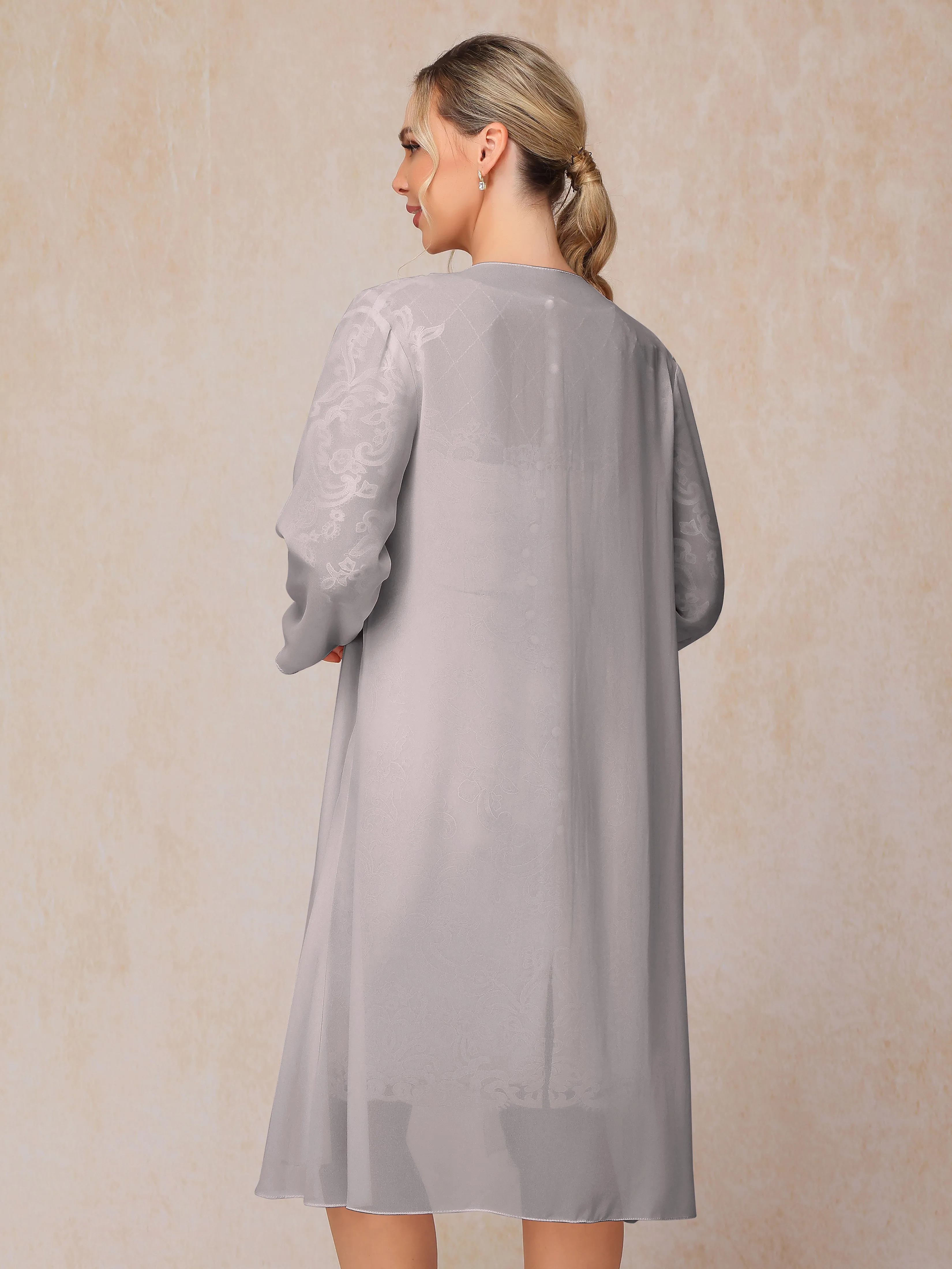 2 Pieces 3/4 Sleeves Knee-Length Chiffon Lace Mother Of The Bride Dress