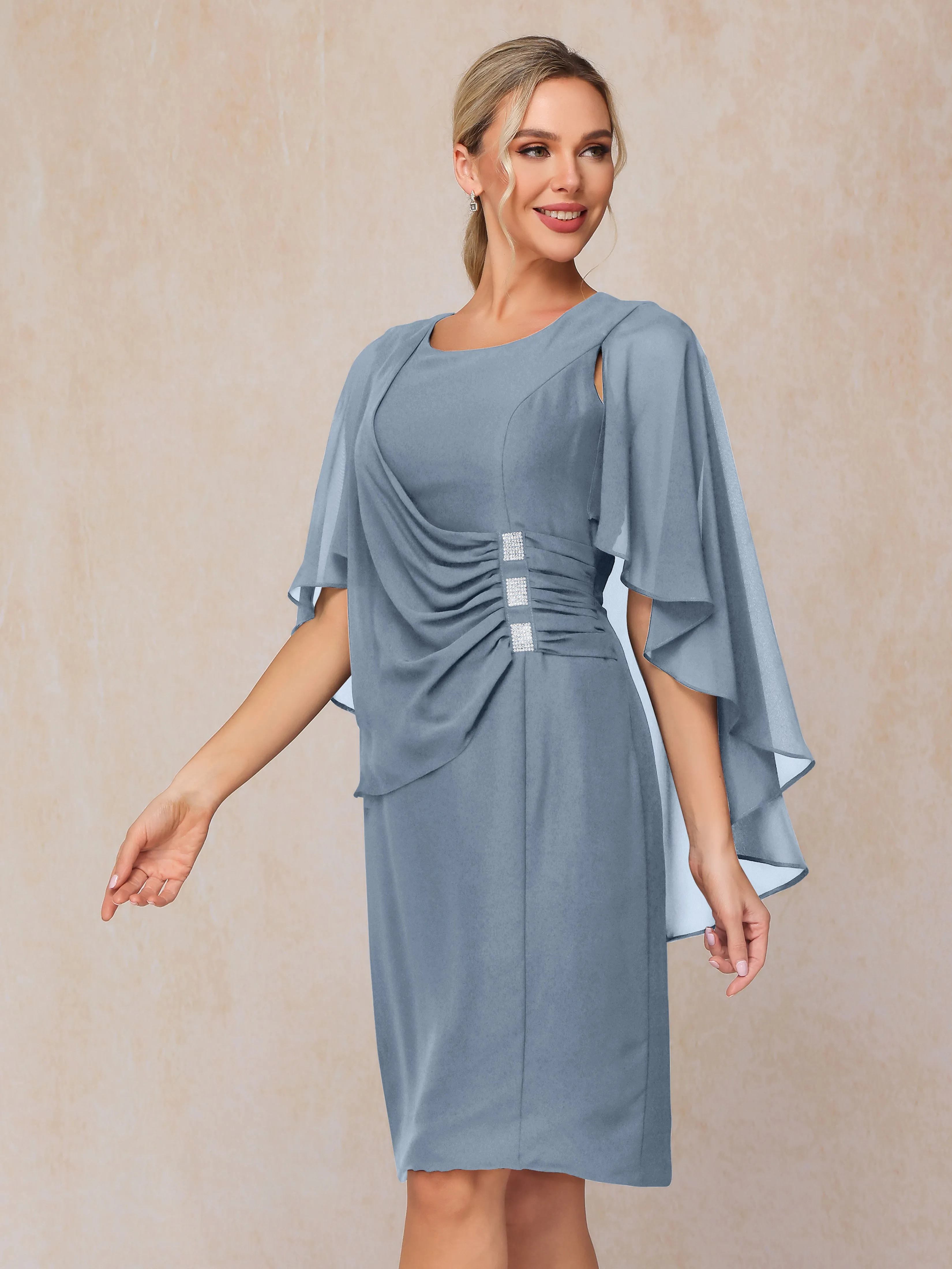 3/4 Length Sleeves Knee Length Chiffon Mother of the Bride Dresses With Pleats