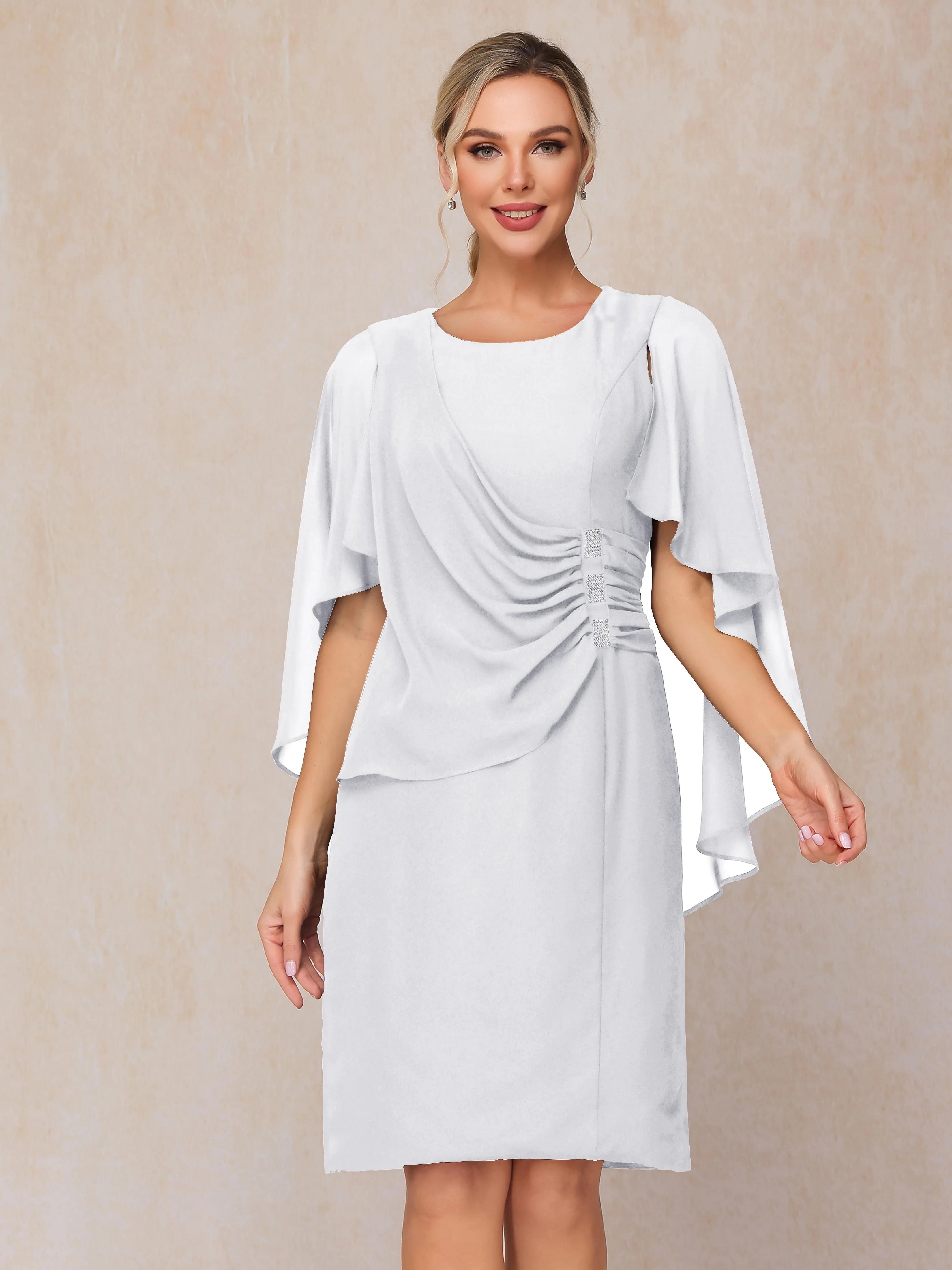 3/4 Length Sleeves Knee Length Chiffon Mother of the Bride Dresses With Pleats