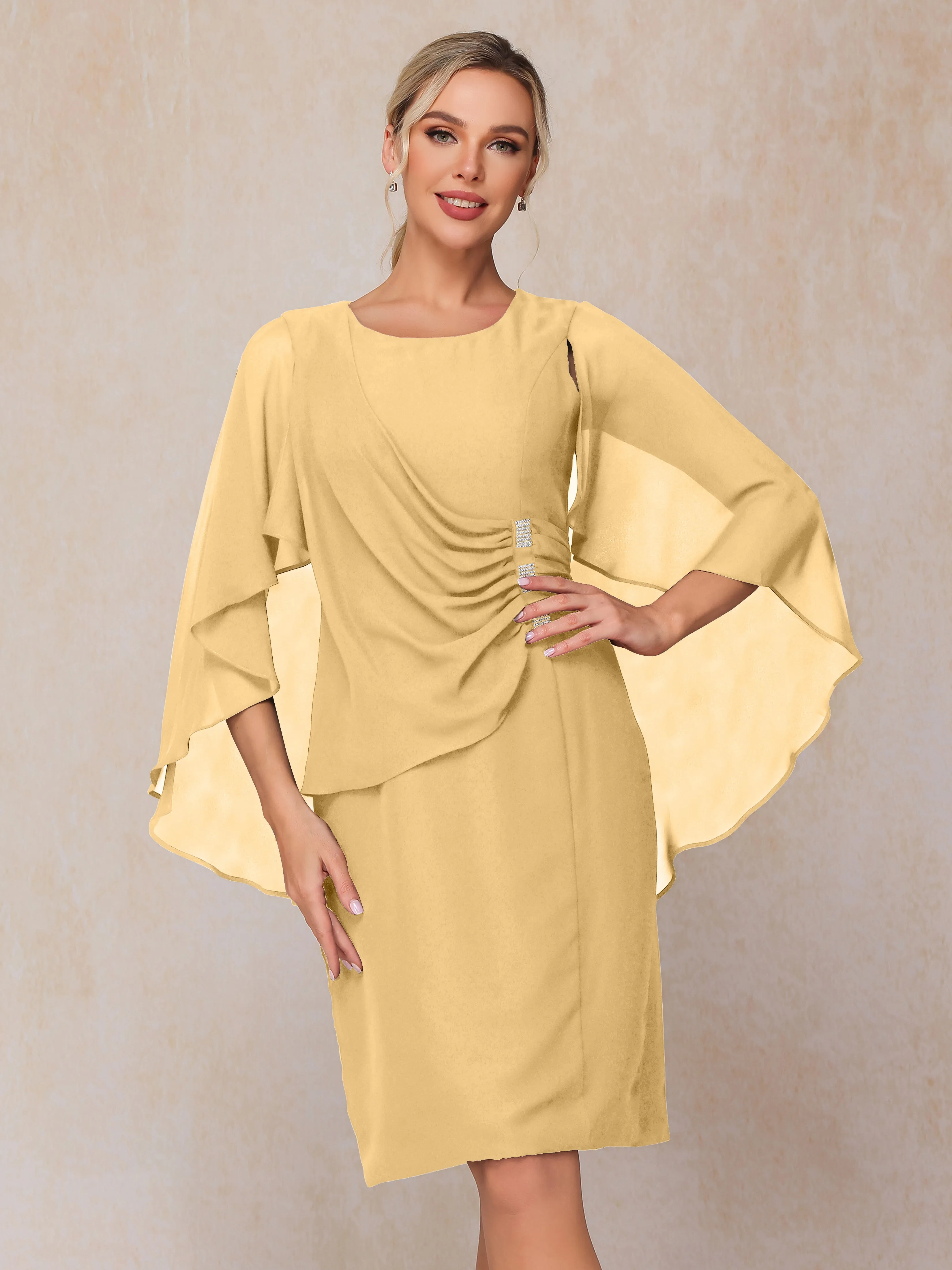 3/4 Length Sleeves Knee Length Chiffon Mother of the Bride Dresses With Pleats