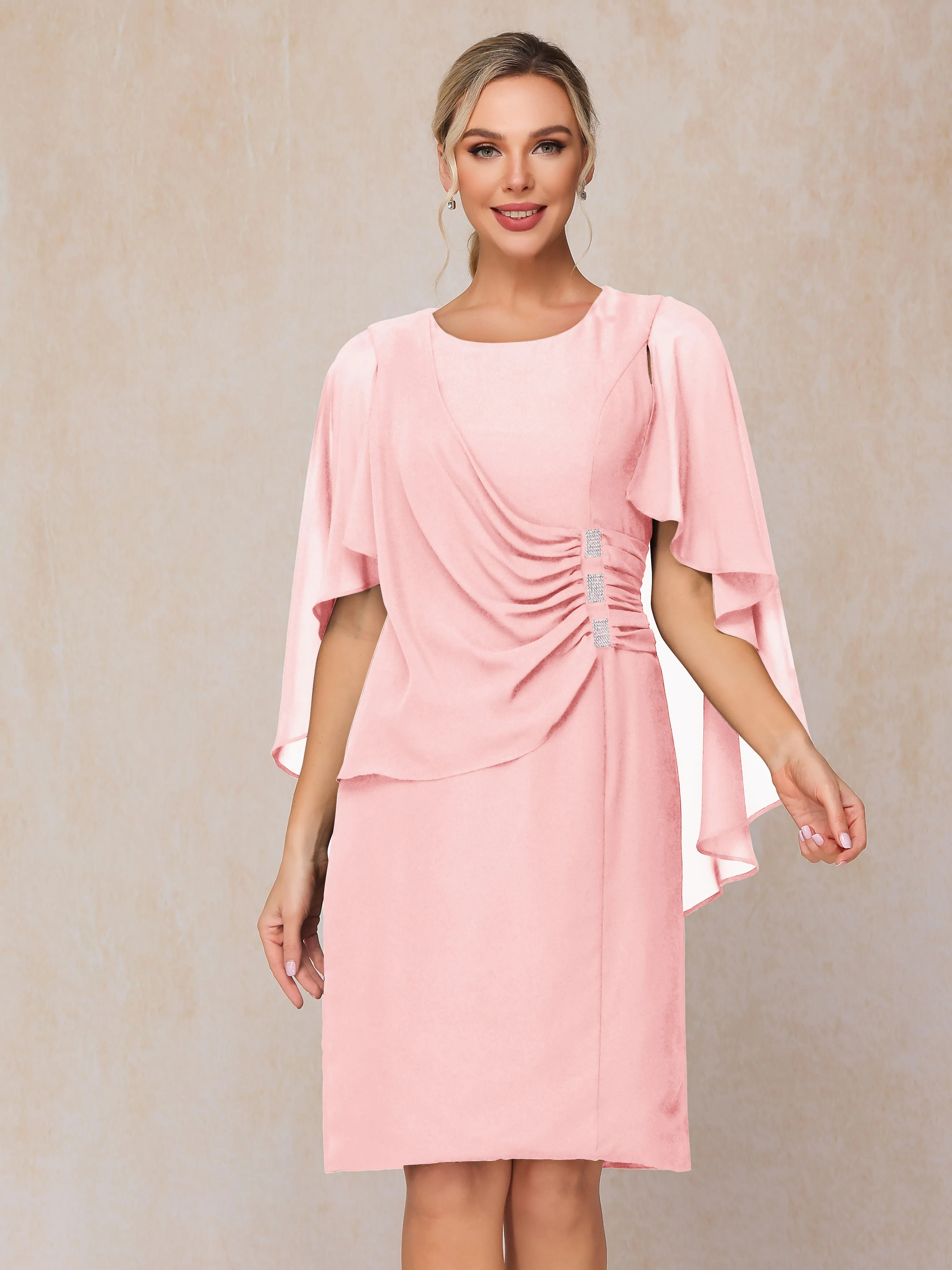 3/4 Length Sleeves Knee Length Chiffon Mother of the Bride Dresses With Pleats