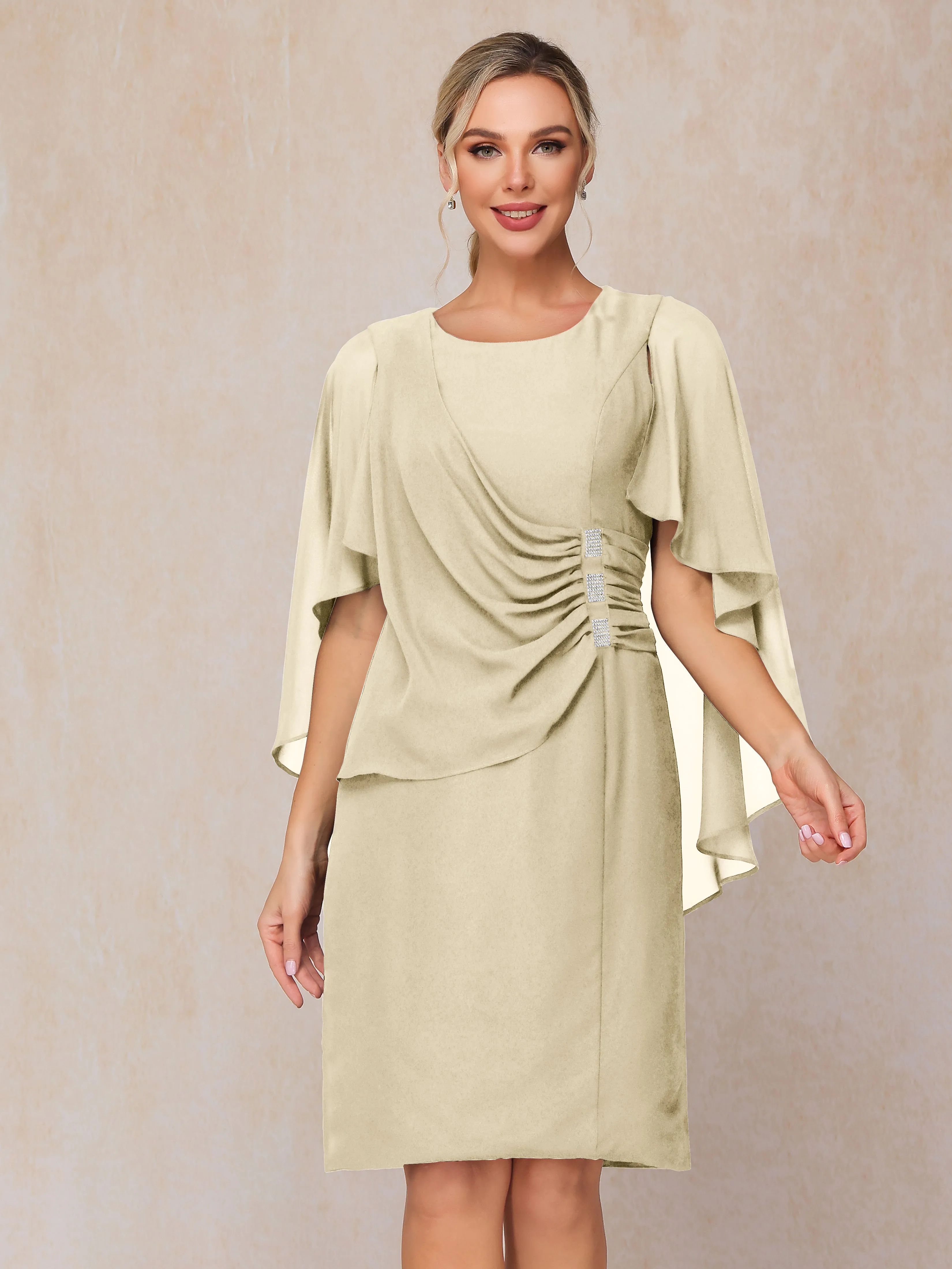 3/4 Length Sleeves Knee Length Chiffon Mother of the Bride Dresses With Pleats