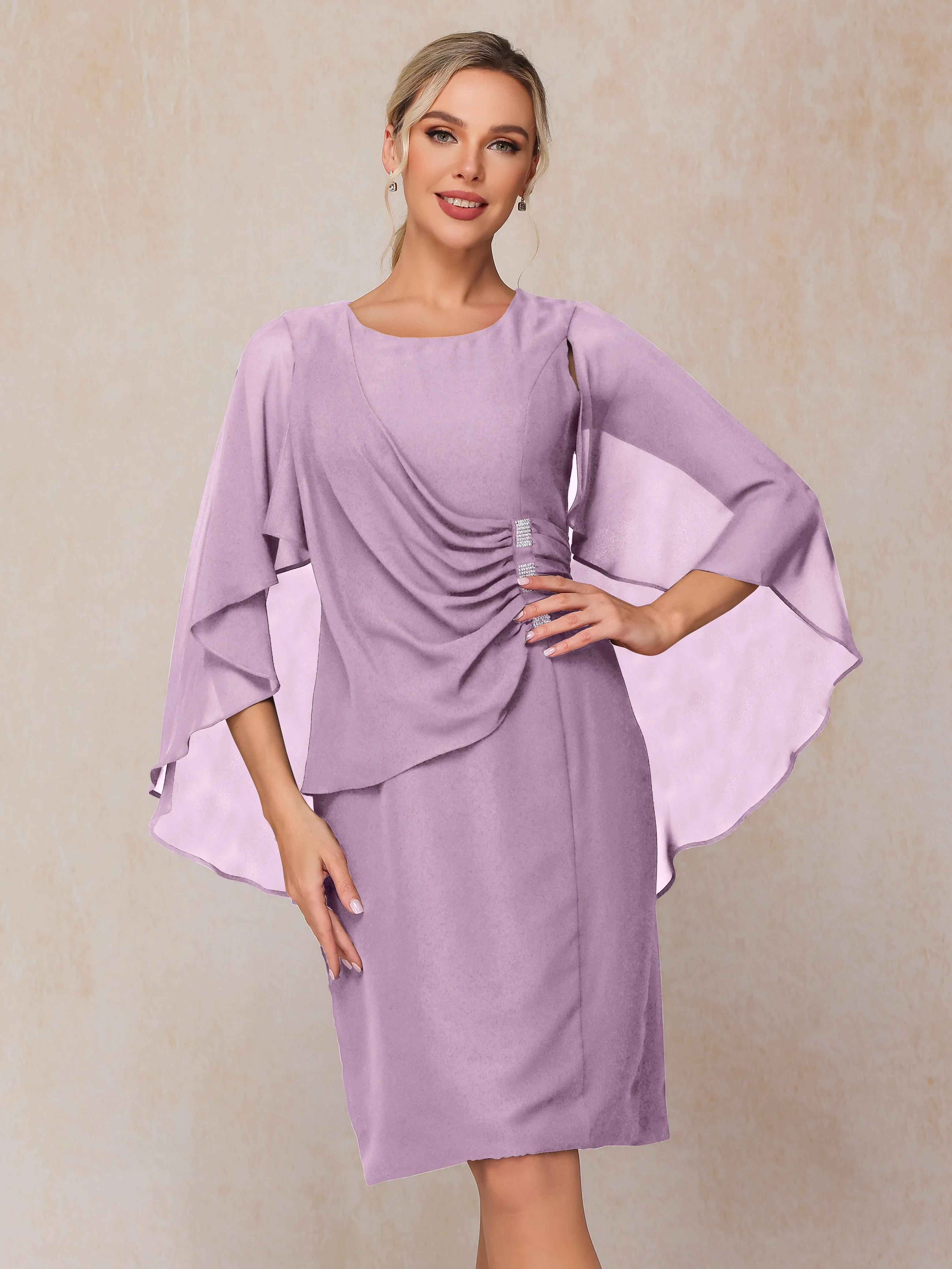 3/4 Length Sleeves Knee Length Chiffon Mother of the Bride Dresses With Pleats