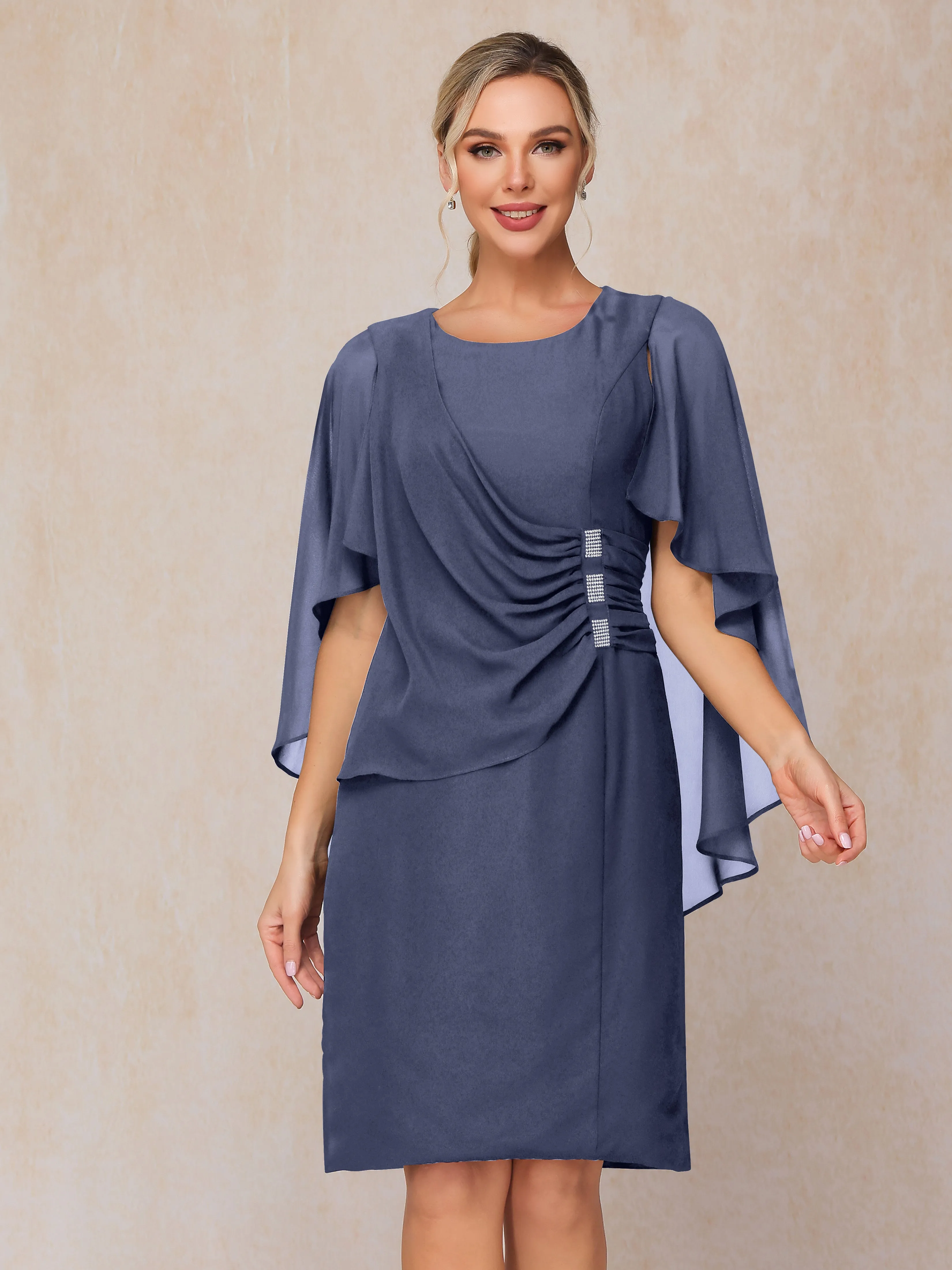 3/4 Length Sleeves Knee Length Chiffon Mother of the Bride Dresses With Pleats