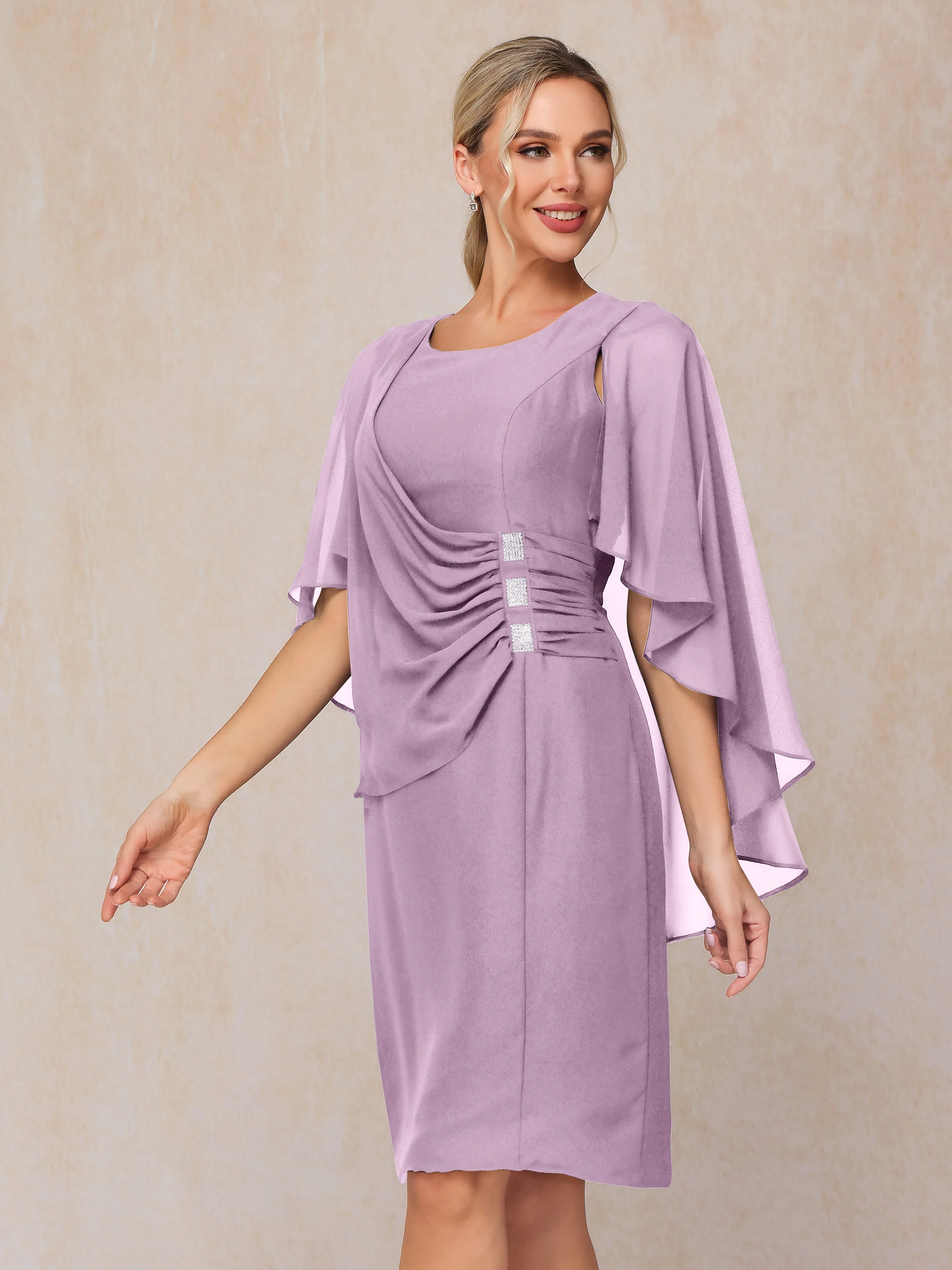 3/4 Length Sleeves Knee Length Chiffon Mother of the Bride Dresses With Pleats