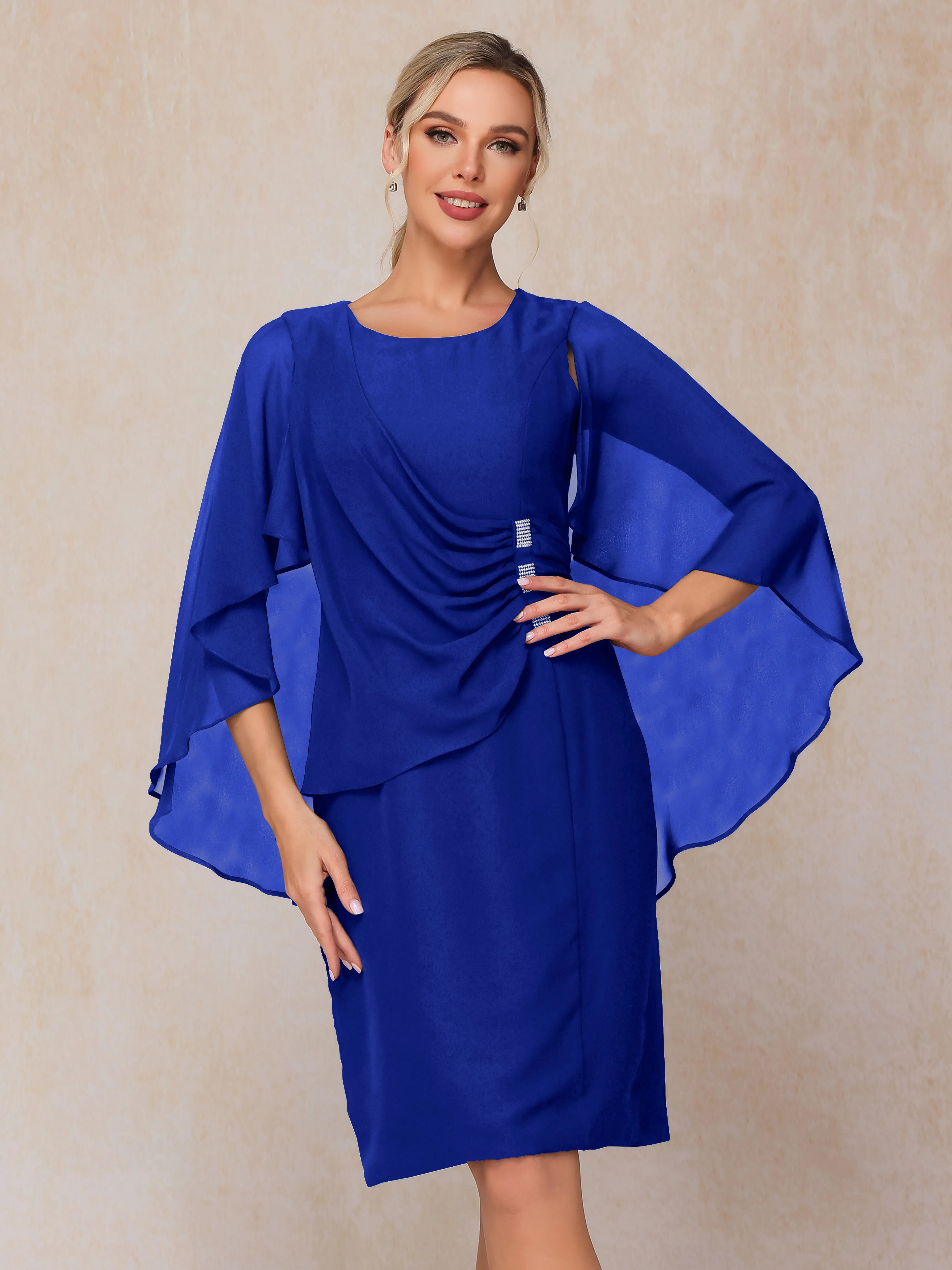 3/4 Length Sleeves Knee Length Chiffon Mother of the Bride Dresses With Pleats