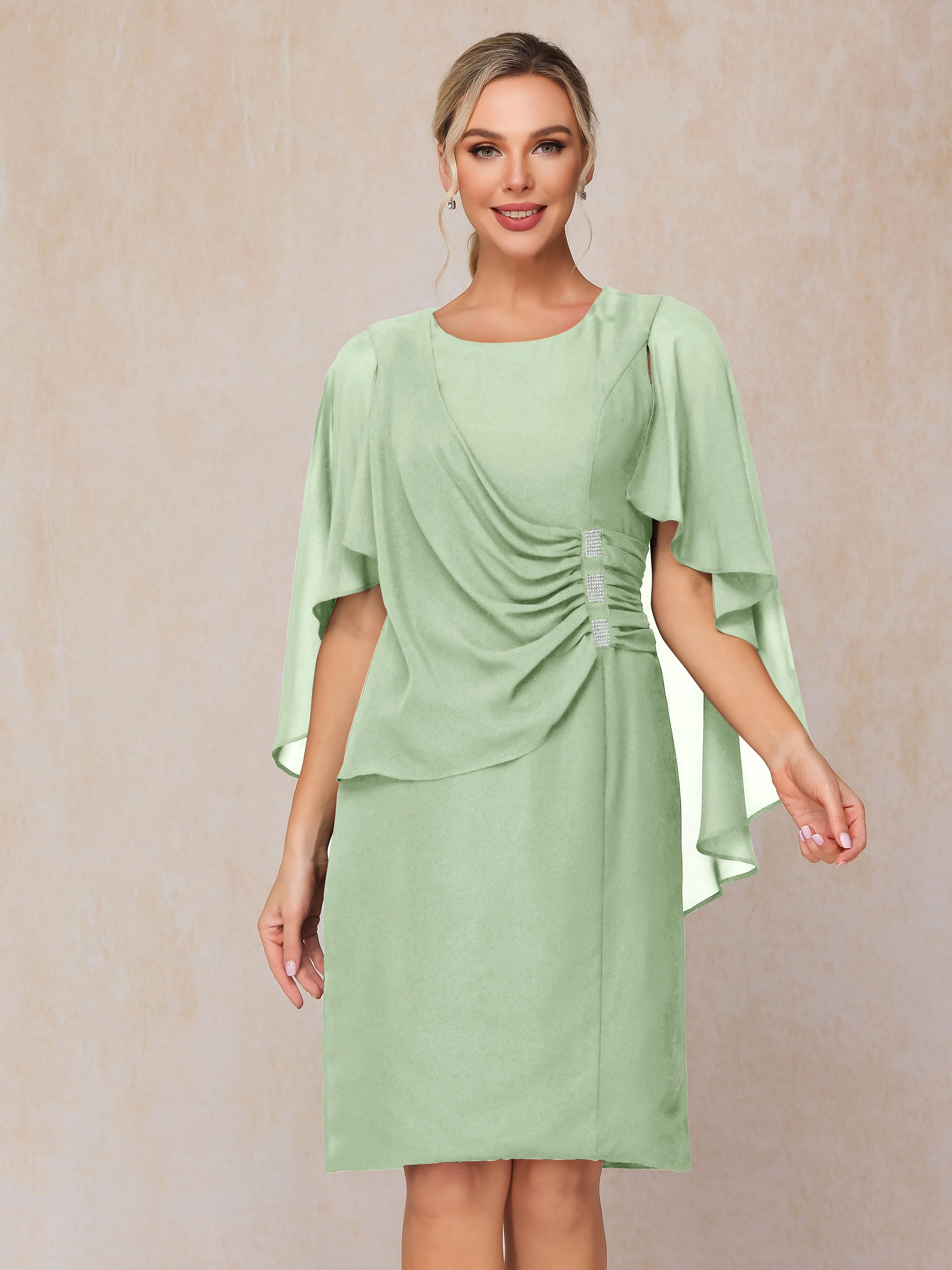 3/4 Length Sleeves Knee Length Chiffon Mother of the Bride Dresses With Pleats