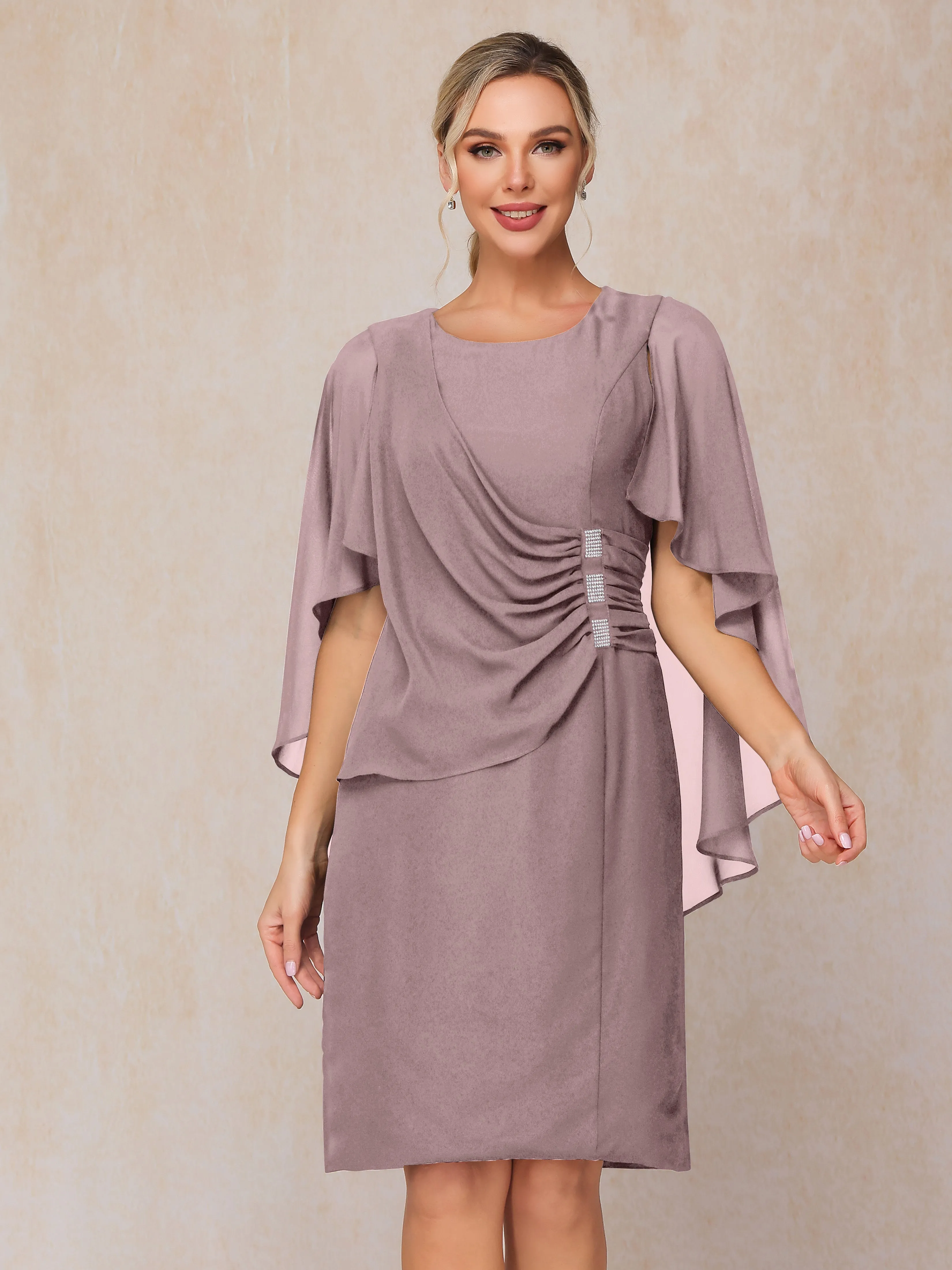 3/4 Length Sleeves Knee Length Chiffon Mother of the Bride Dresses With Pleats