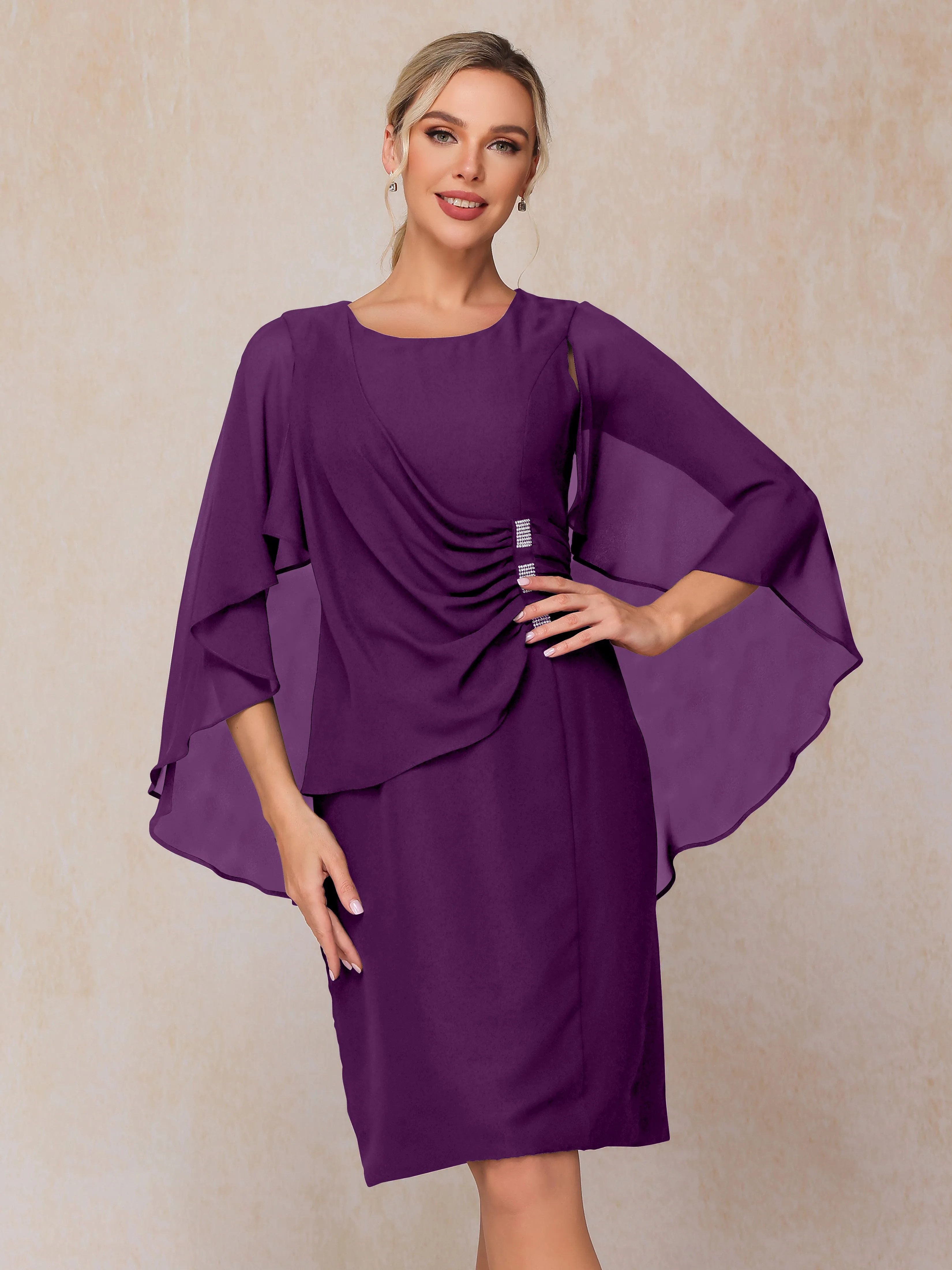 3/4 Length Sleeves Knee Length Chiffon Mother of the Bride Dresses With Pleats