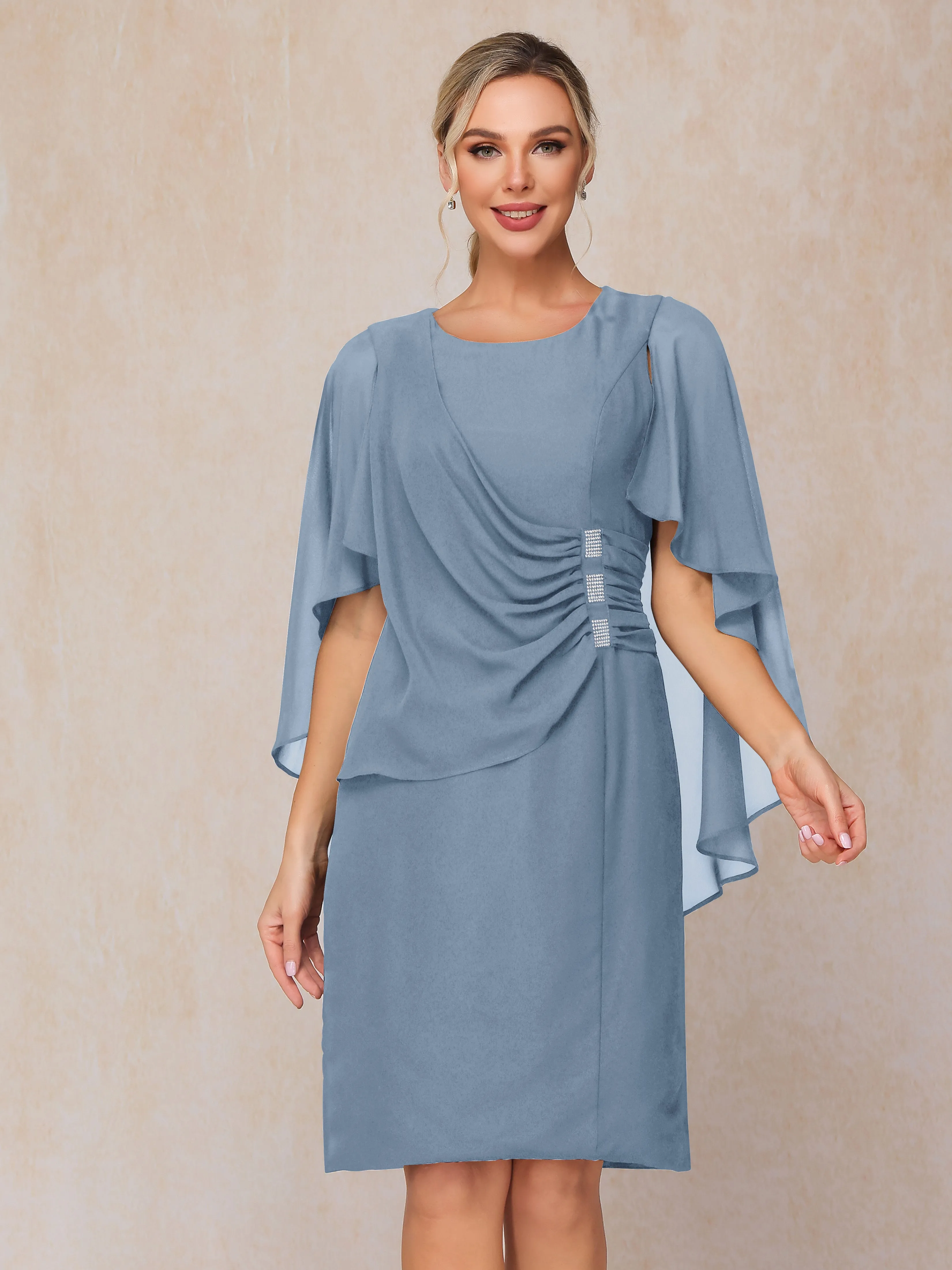 3/4 Length Sleeves Knee Length Chiffon Mother of the Bride Dresses With Pleats