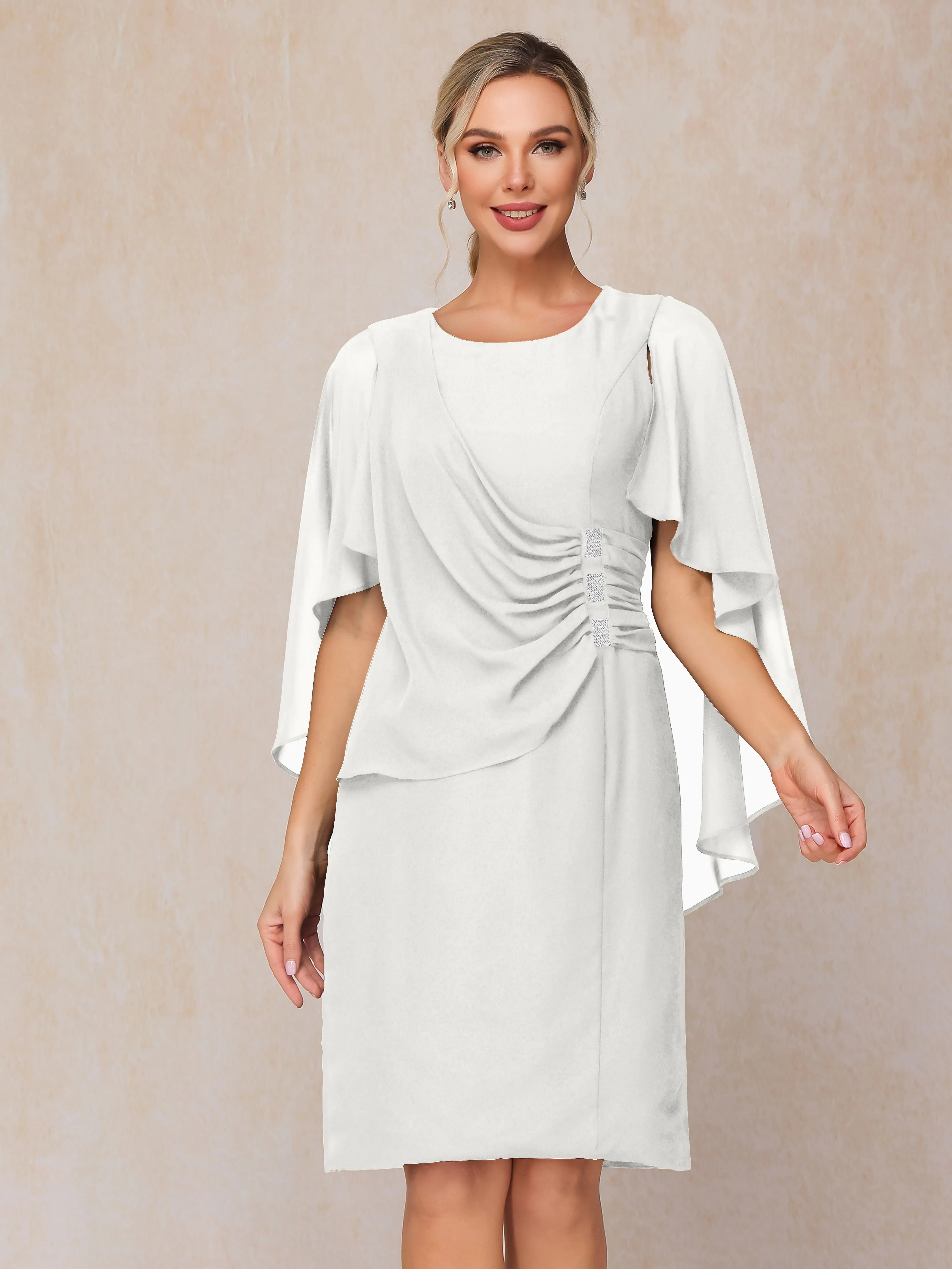 3/4 Length Sleeves Knee Length Chiffon Mother of the Bride Dresses With Pleats