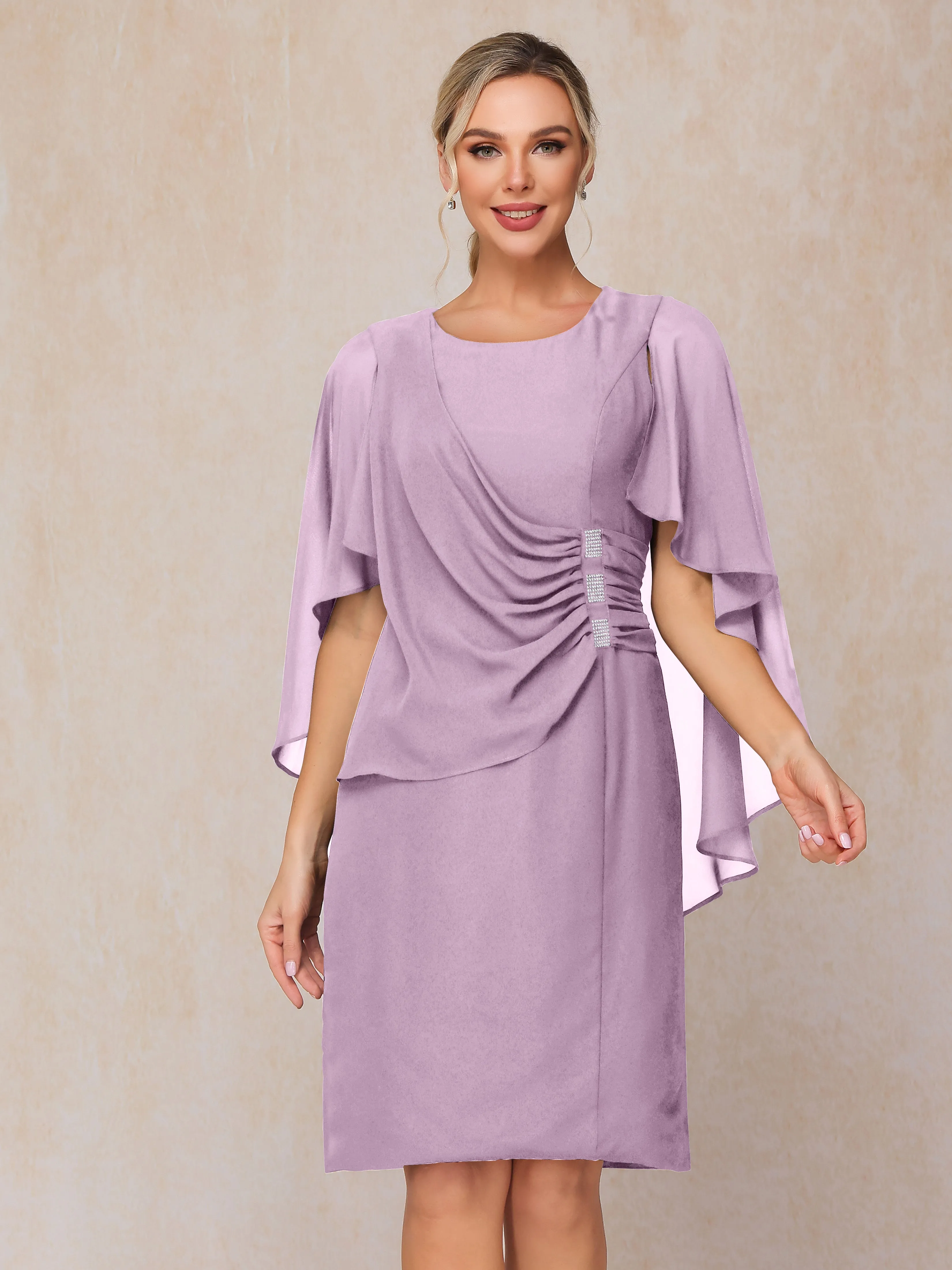 3/4 Length Sleeves Knee Length Chiffon Mother of the Bride Dresses With Pleats