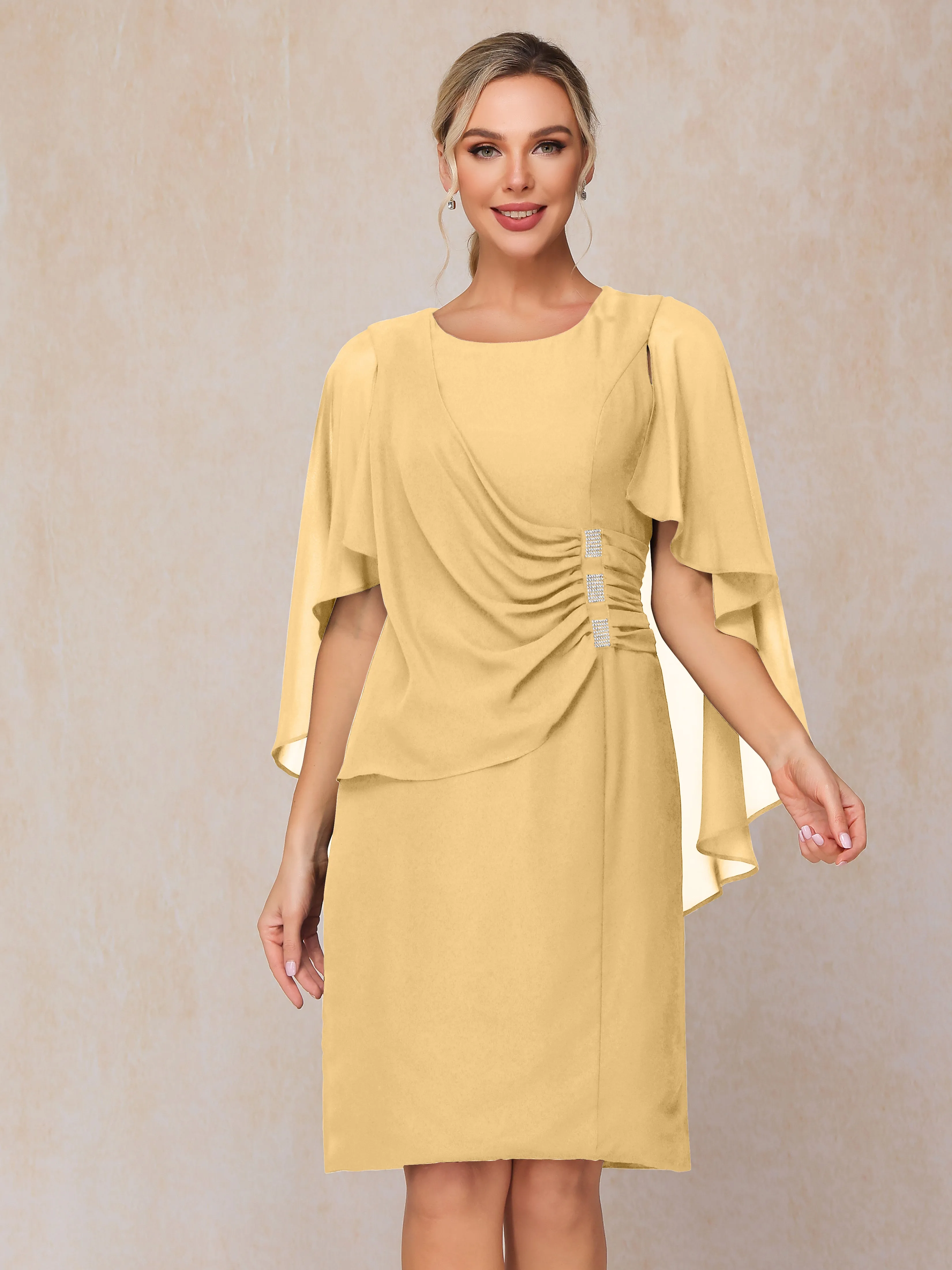 3/4 Length Sleeves Knee Length Chiffon Mother of the Bride Dresses With Pleats