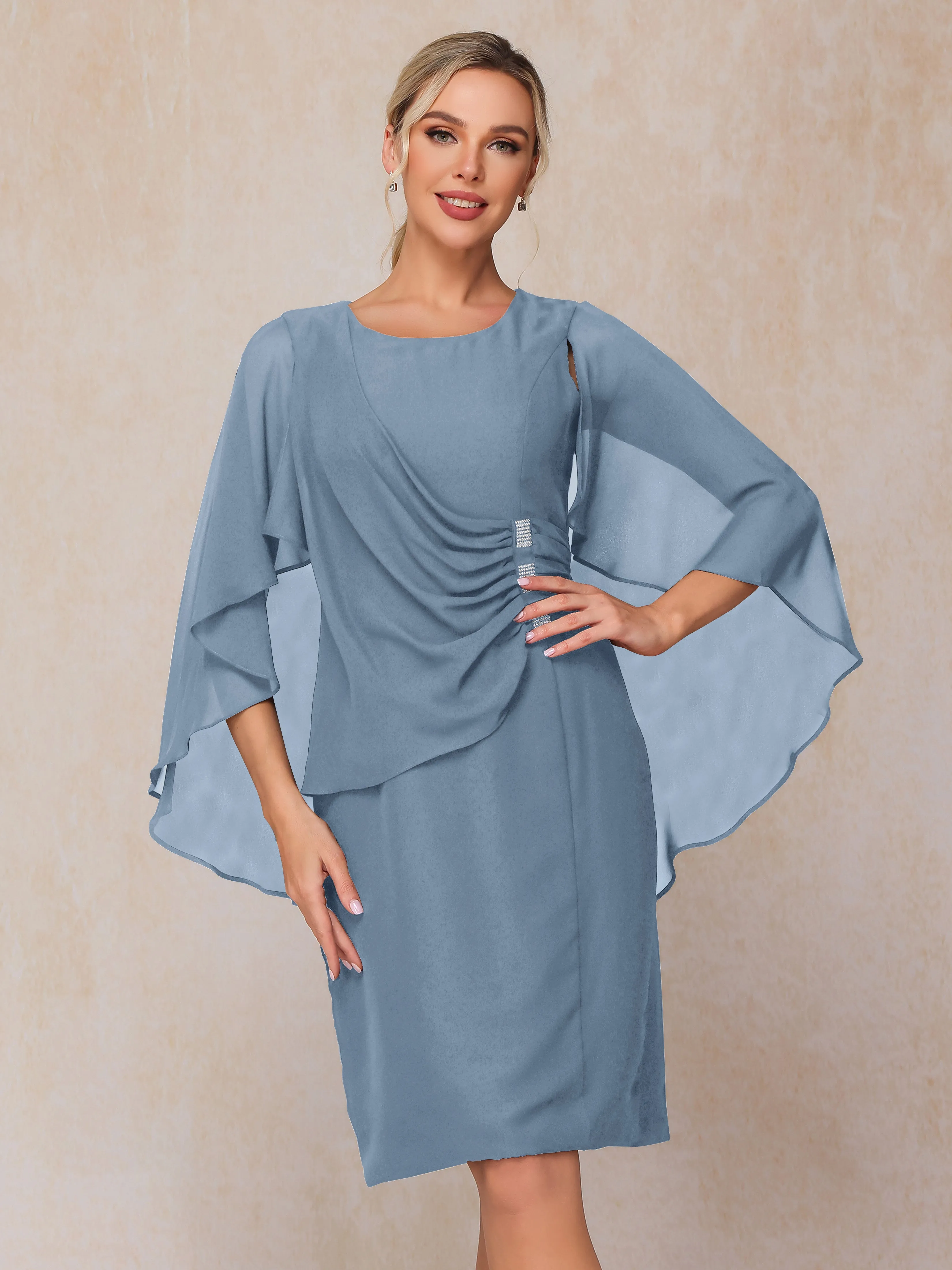 3/4 Length Sleeves Knee Length Chiffon Mother of the Bride Dresses With Pleats