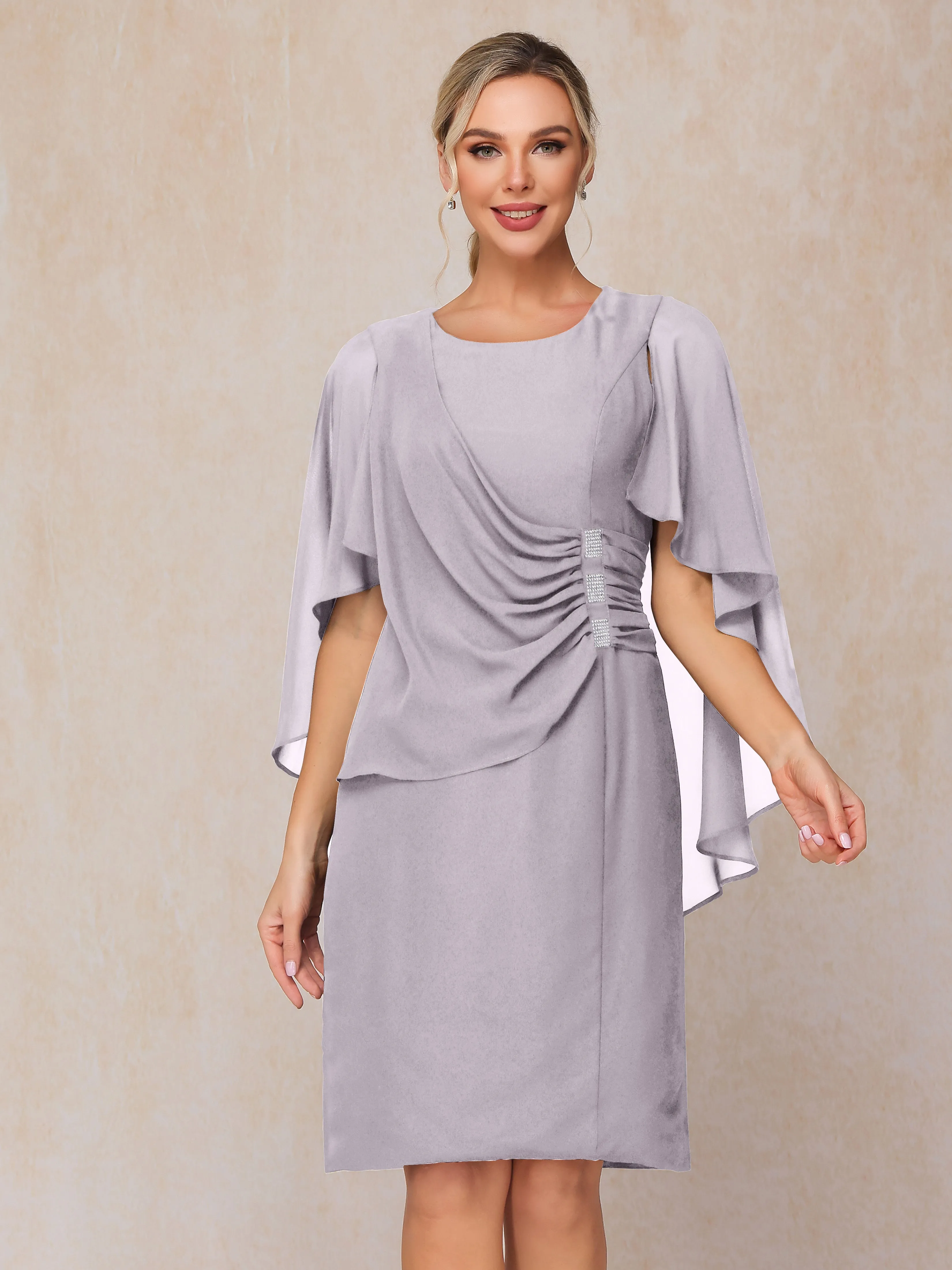 3/4 Length Sleeves Knee Length Chiffon Mother of the Bride Dresses With Pleats