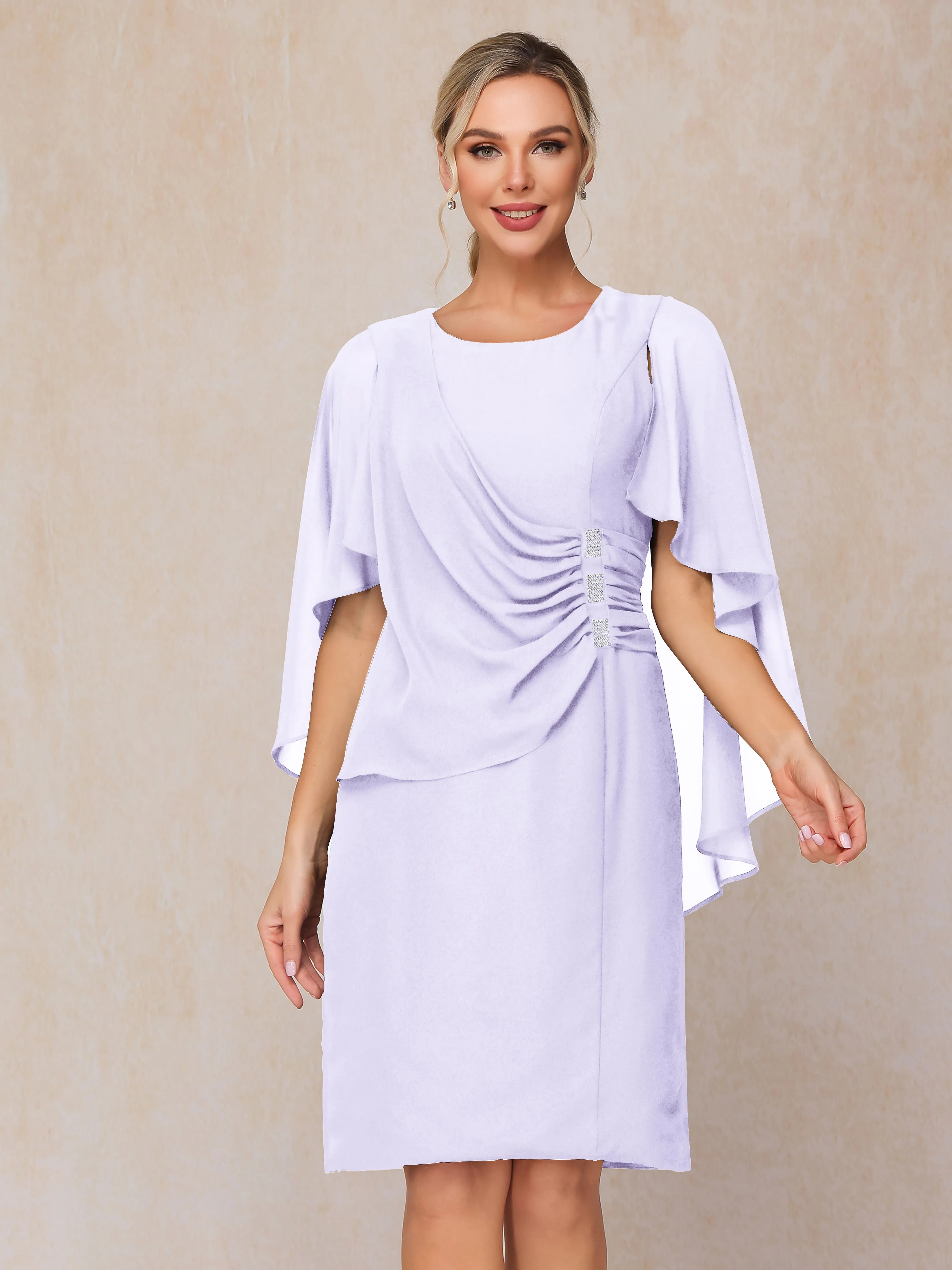 3/4 Length Sleeves Knee Length Chiffon Mother of the Bride Dresses With Pleats