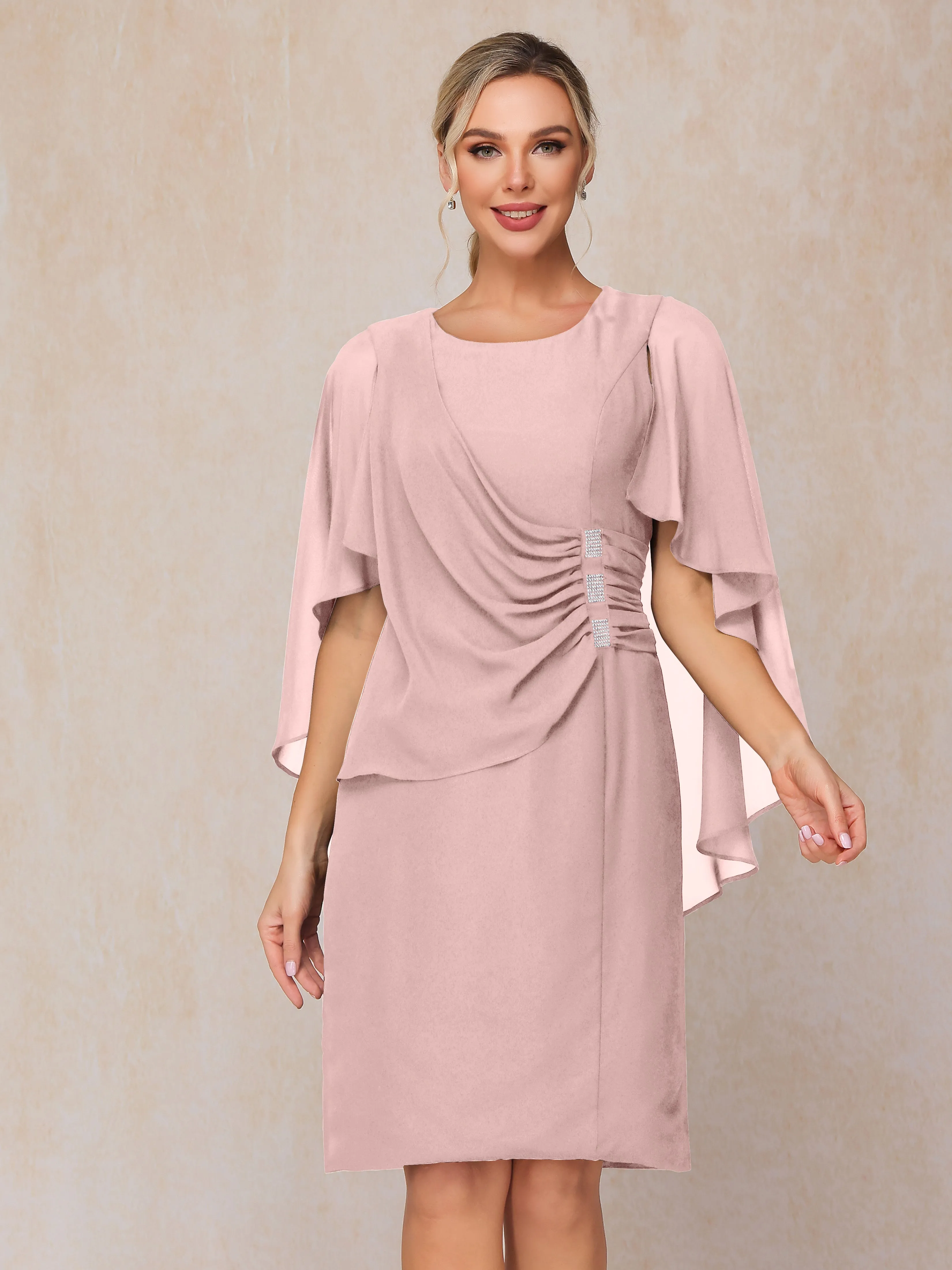 3/4 Length Sleeves Knee Length Chiffon Mother of the Bride Dresses With Pleats