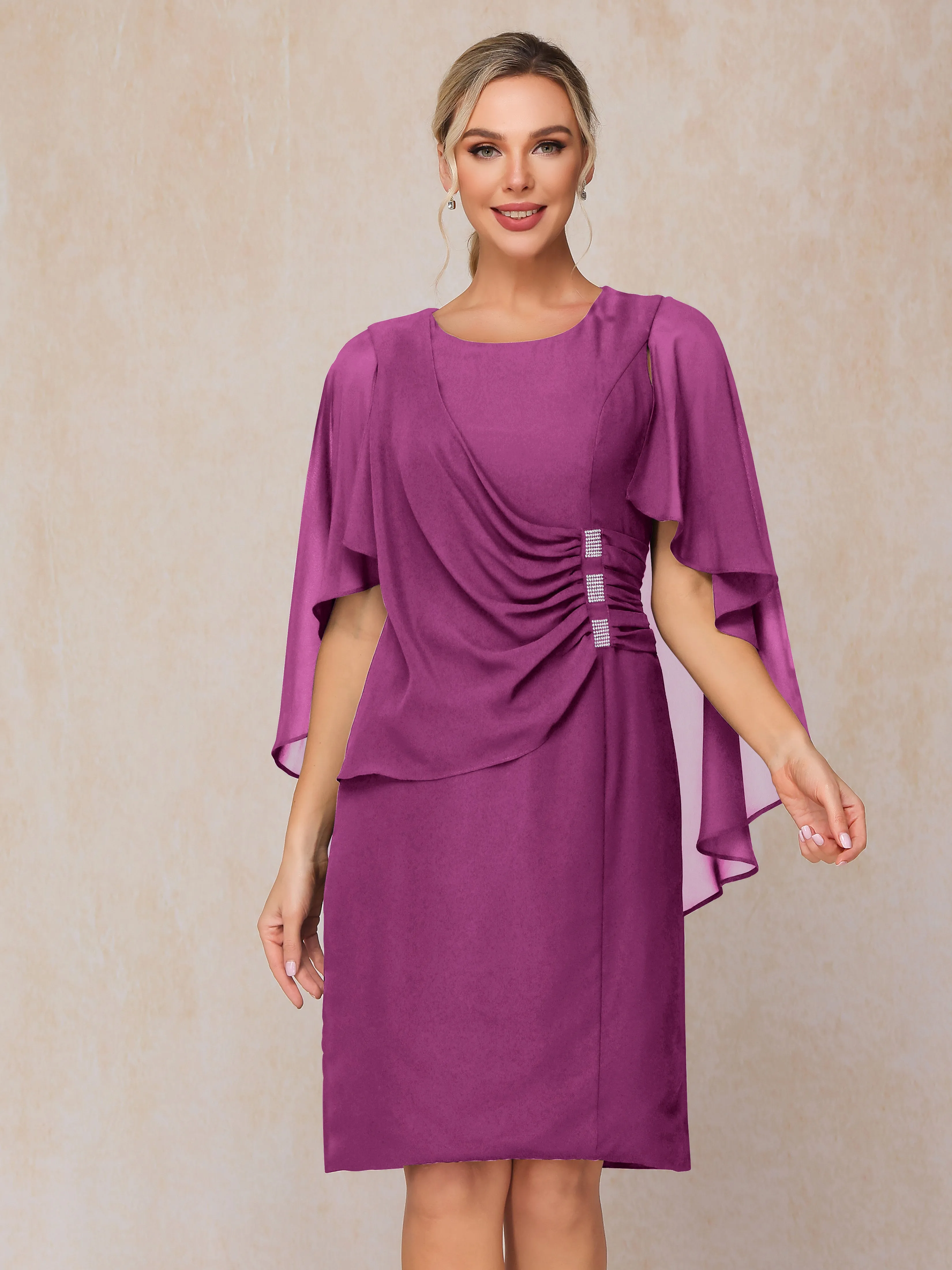 3/4 Length Sleeves Knee Length Chiffon Mother of the Bride Dresses With Pleats