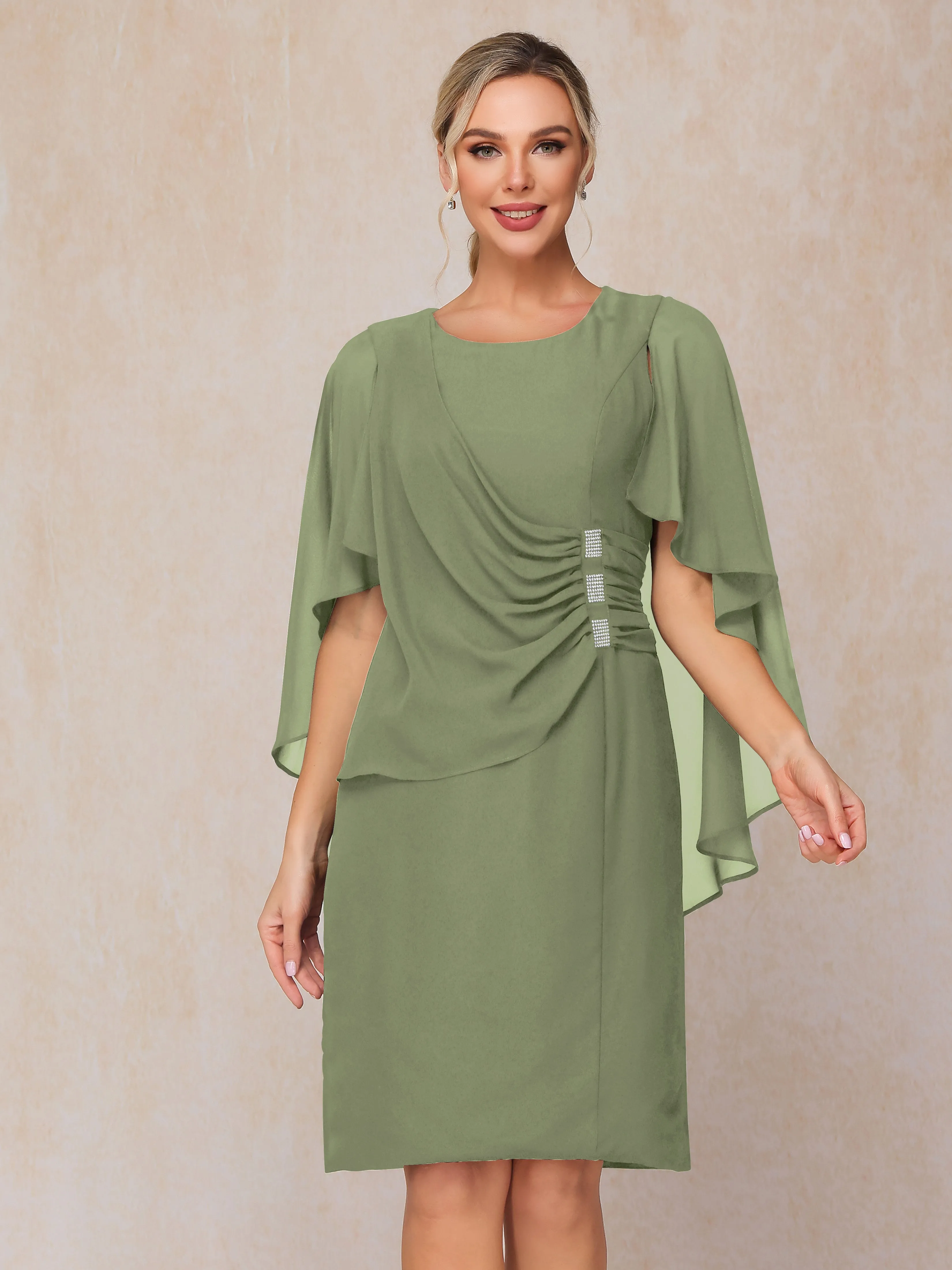 3/4 Length Sleeves Knee Length Chiffon Mother of the Bride Dresses With Pleats