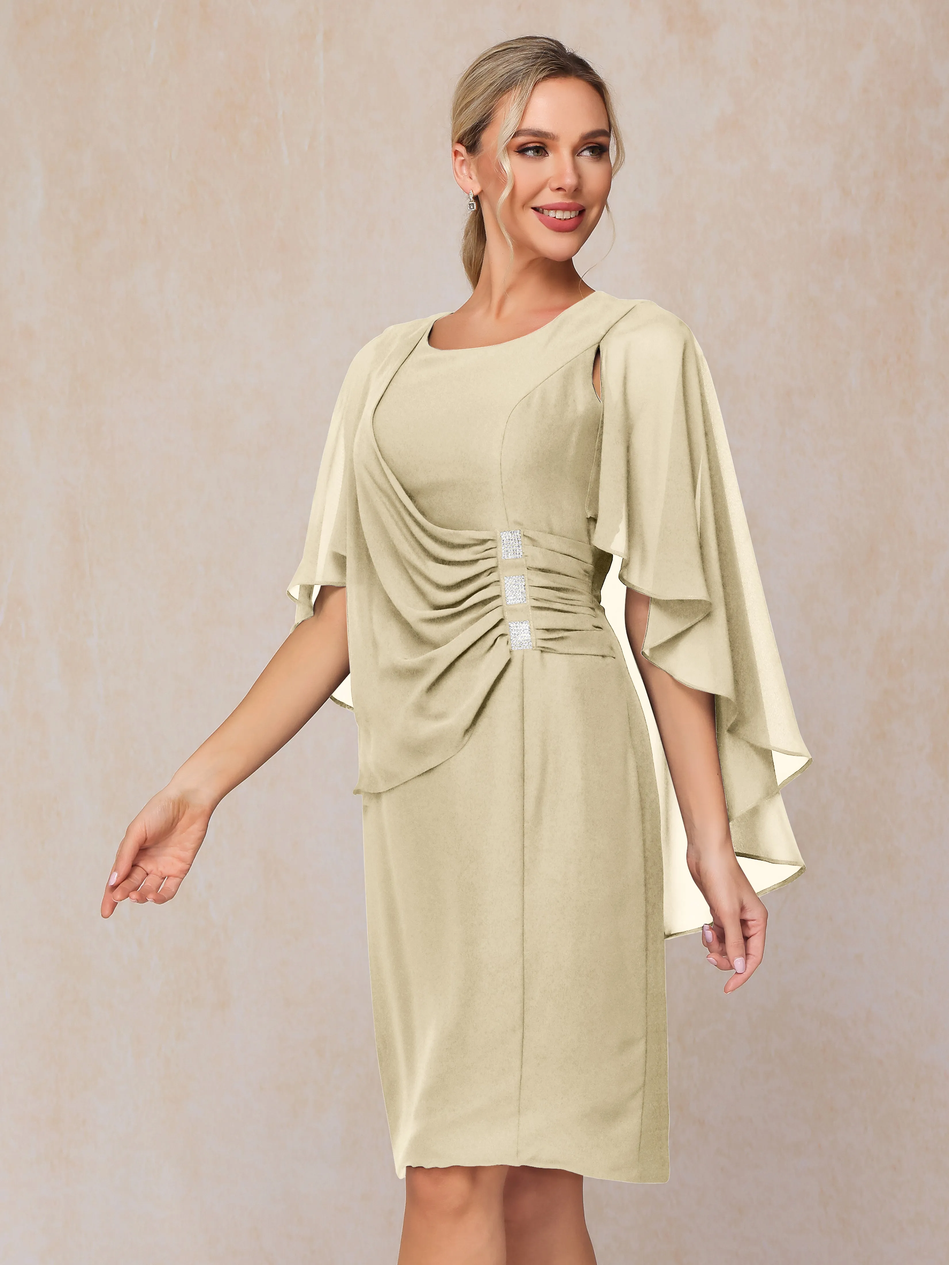 3/4 Length Sleeves Knee Length Chiffon Mother of the Bride Dresses With Pleats