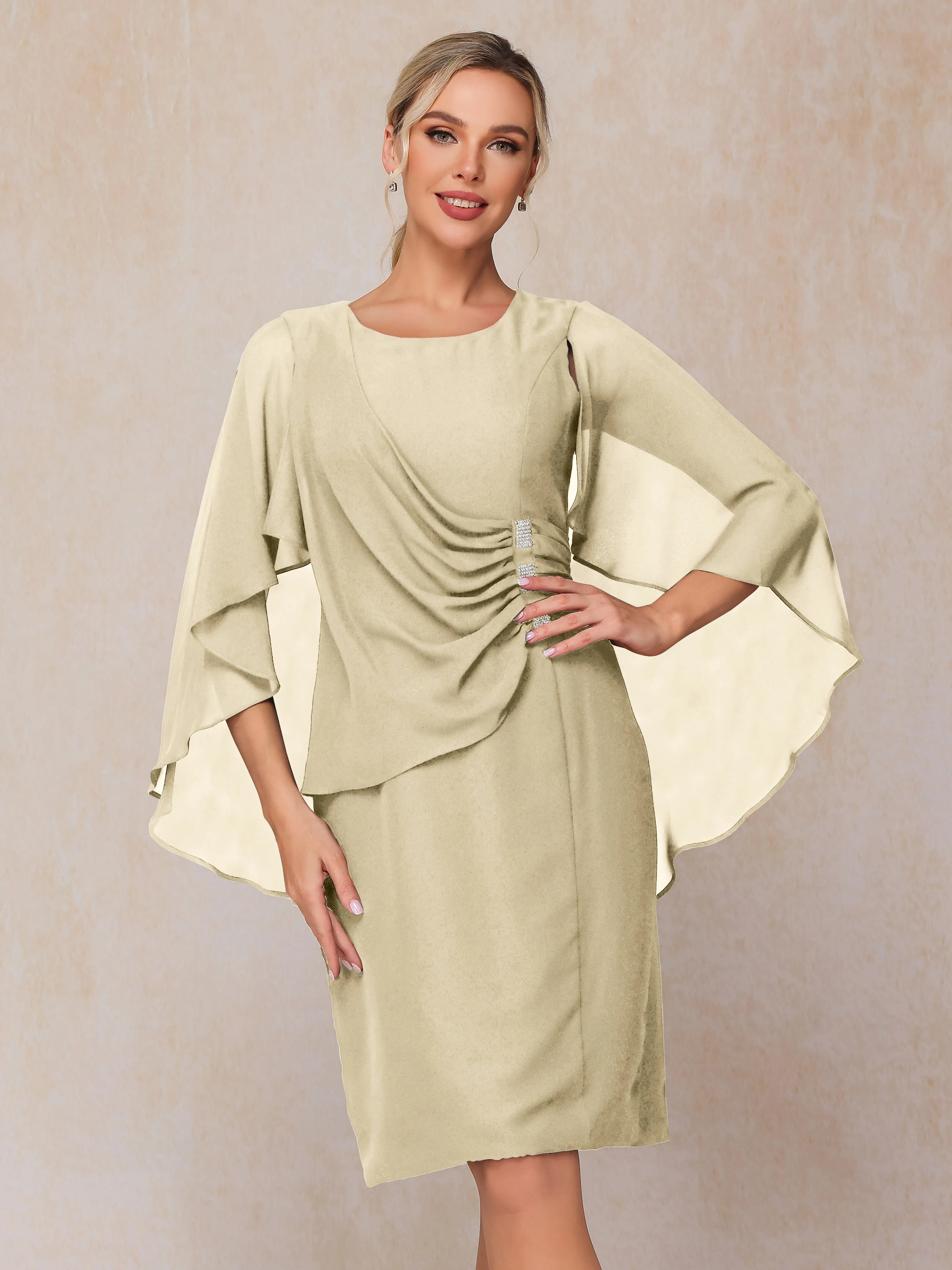 3/4 Length Sleeves Knee Length Chiffon Mother of the Bride Dresses With Pleats