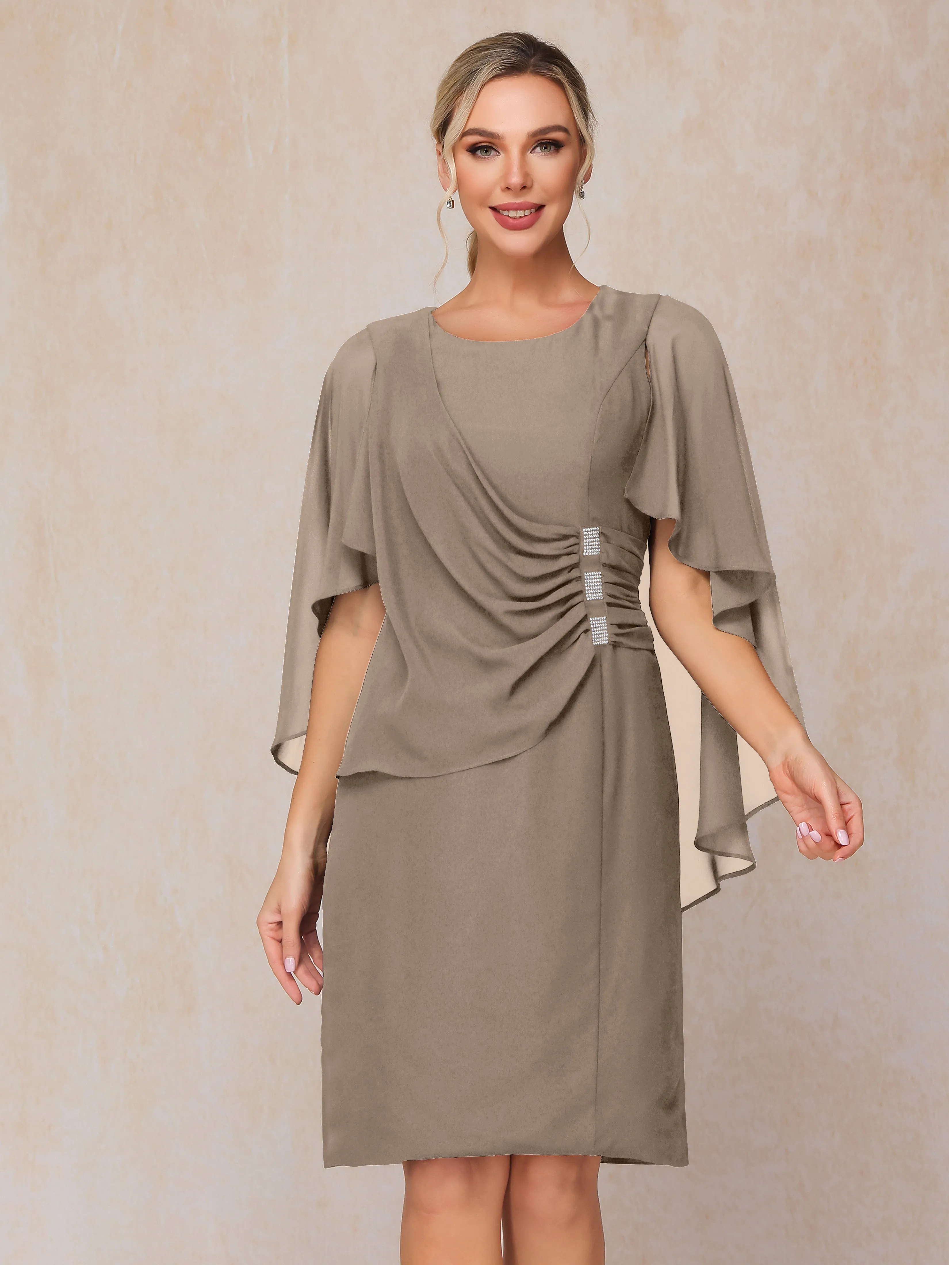 3/4 Length Sleeves Knee Length Chiffon Mother of the Bride Dresses With Pleats